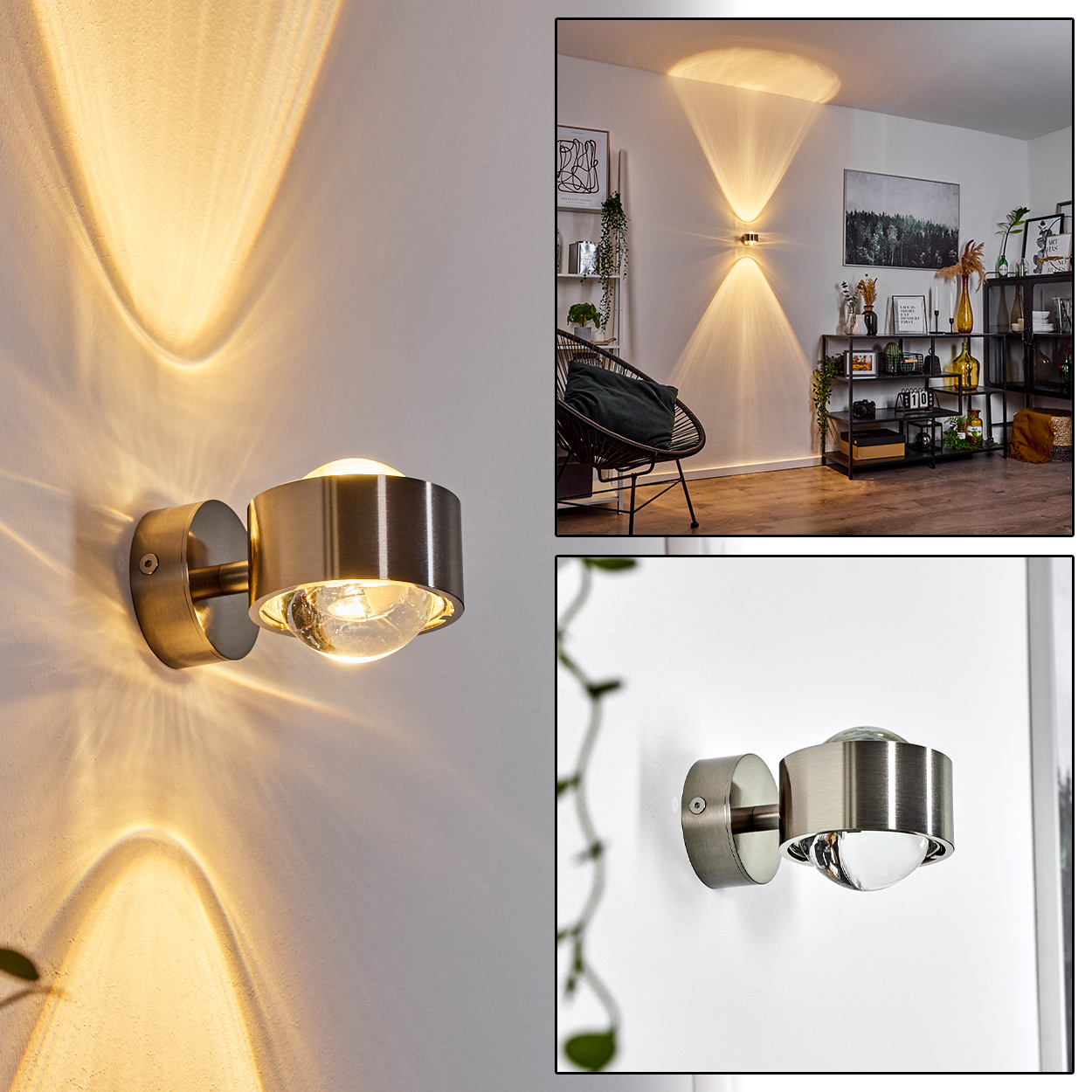 Eine moderne Wandleuchte mit metallischem Finish. Sie wirft Licht nach oben und unten und erzeugt ein dekoratives Muster an der Wand.