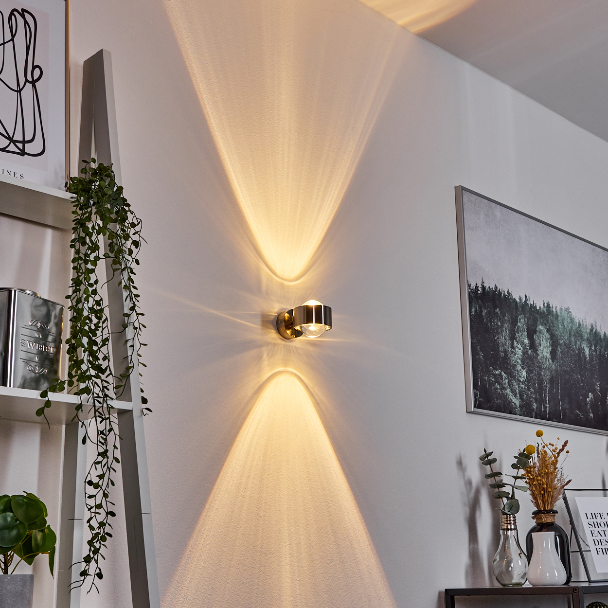 Eine Wandleuchte wirft Lichtstrahlen nach oben und unten. Regale, Pflanzen und Kunstwerke befinden sich in der Nähe des Lichts. Eine Waldlandschaft ist an der Wand.