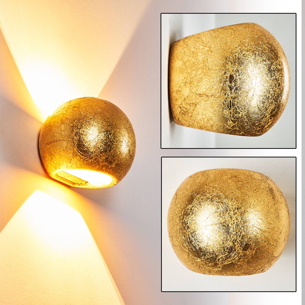 Eine goldene Wandleuchte befindet sich an einer weißen Wand. Zwei weitere Ansichten der Lampe sind im Rahmen zu sehen, ebenfalls auf weißem Grund.