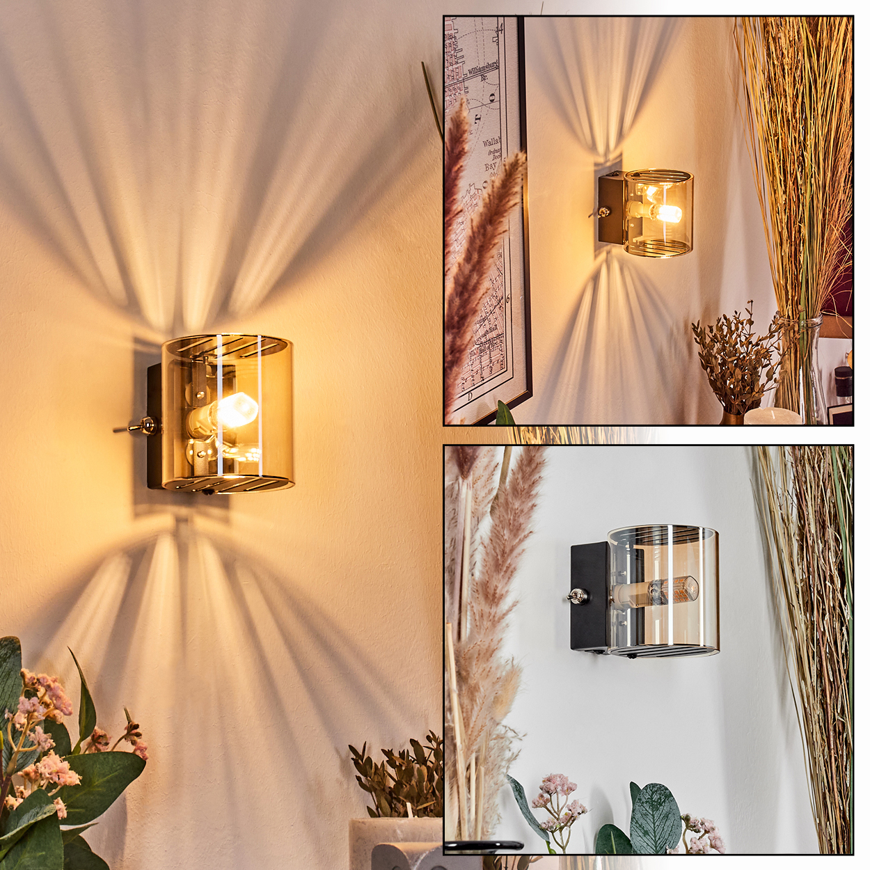 Drei Wandleuchten mit Schirmen sind an einer Wand angebracht. Getrocknete Pflanzen und ein Kartenbild sind im Hintergrund.
