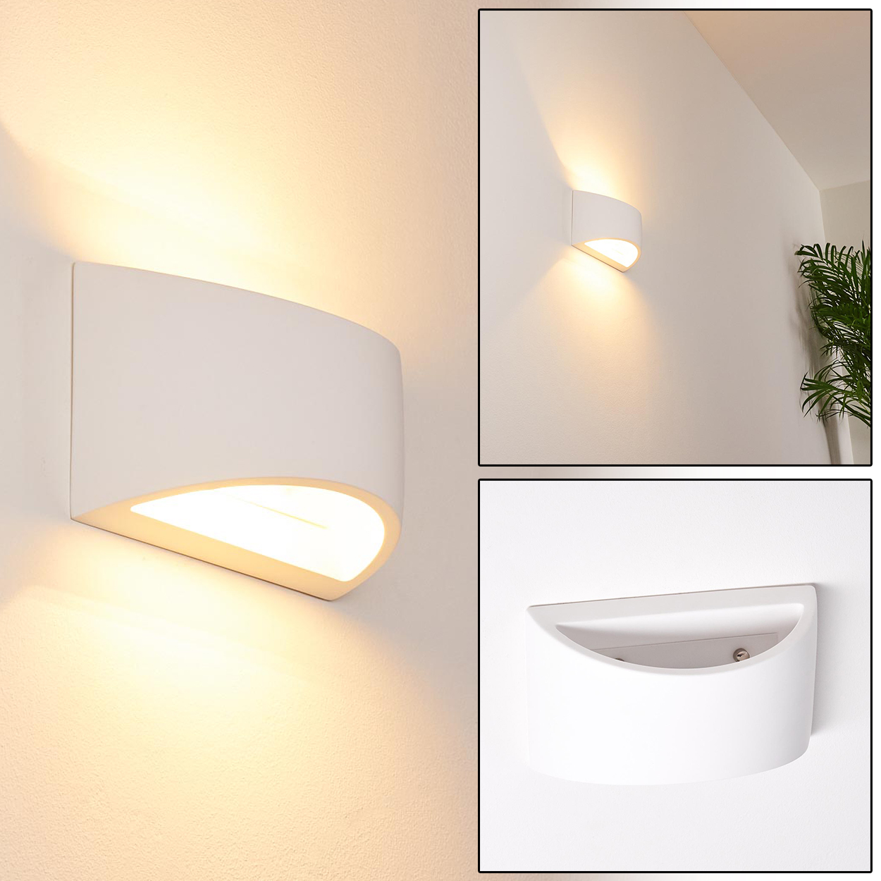 Drei Bilder von weißen Wandlampen mit geschwungenem Design, die warmes Licht ausstrahlen. Eine Lampe ist detailliert dargestellt, die anderen im Hintergrund.