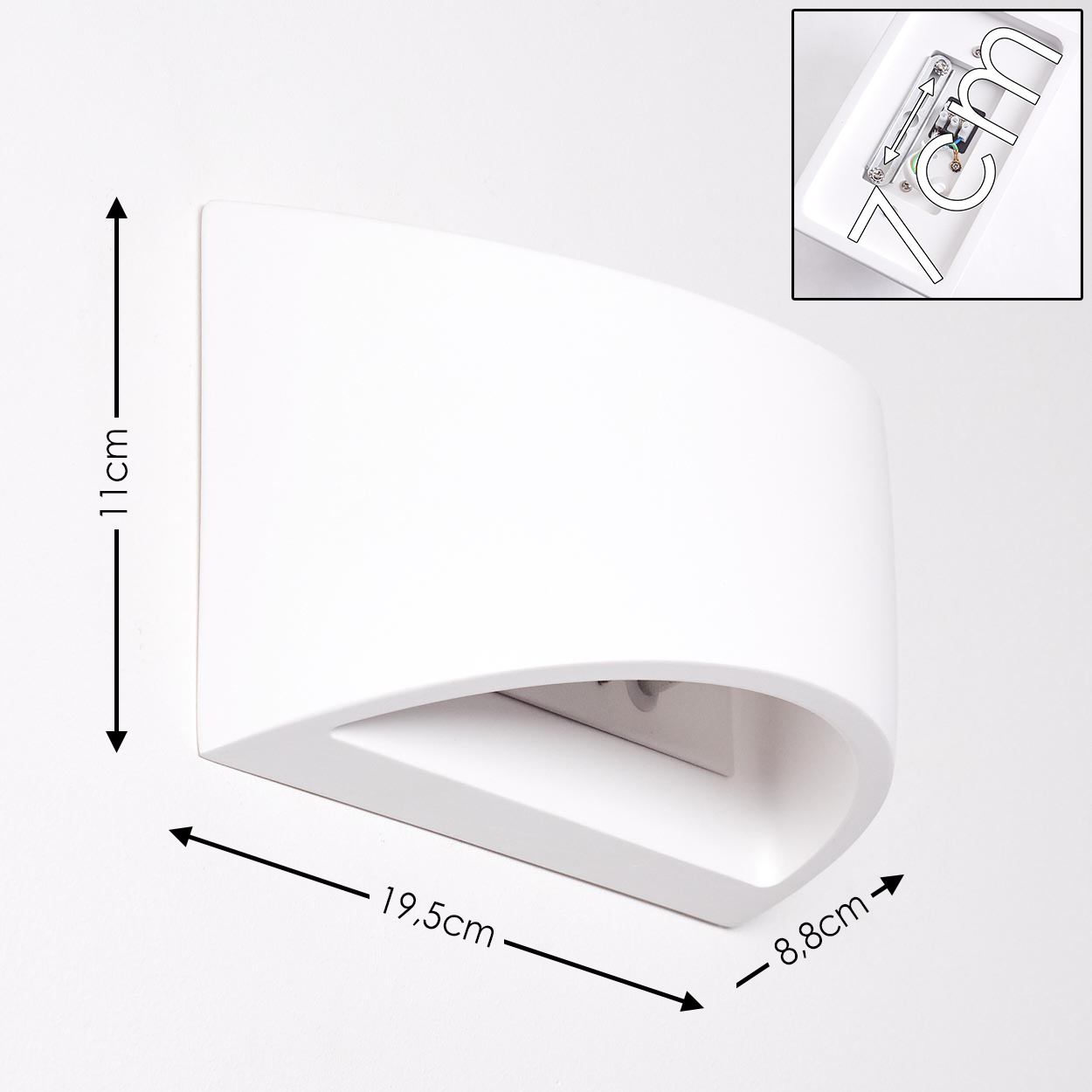 Eine weiße, an der Wand montierte Leuchte mit angegebenen Abmessungen. Enthält eine kleine Vertiefung mit Verdrahtungsdetails. Abmessungen: 19,5 cm, 11 cm, 8,8 cm.