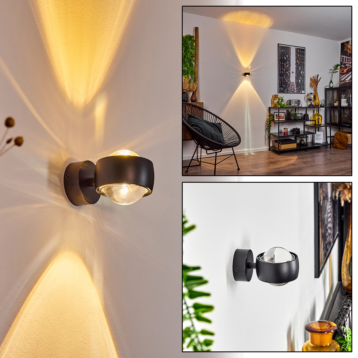 Eine moderne schwarze Wandleuchte strahlt warmes Licht aus. Das Bild zeigt die Lampe in drei verschiedenen Ansichten, die ihr Design zeigen.
