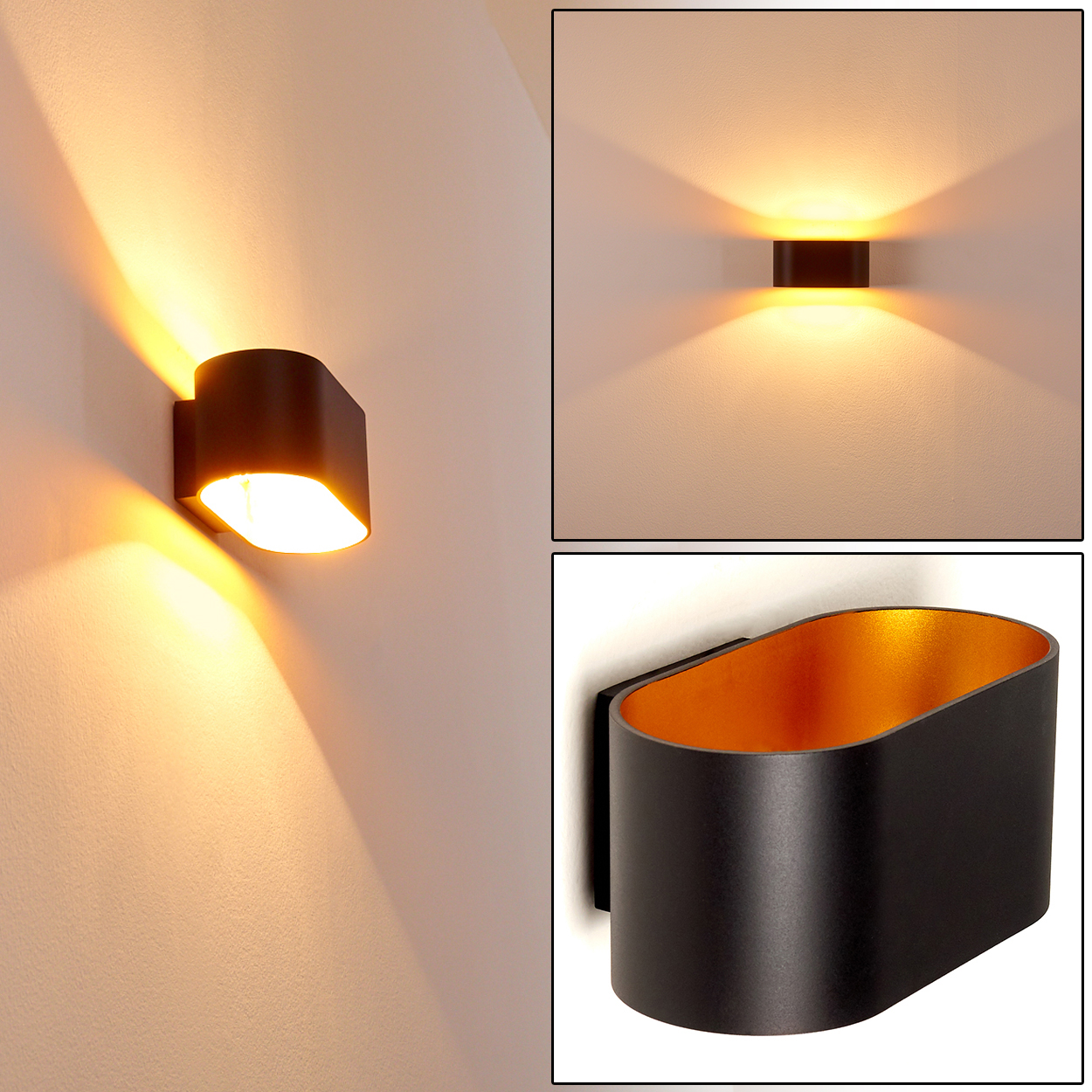 Drei Bilder einer schwarzen Wandleuchte mit goldener Innenausstattung. Das Licht scheint auf die weiße Wand. Die Lampe hat ein einzigartiges Design.