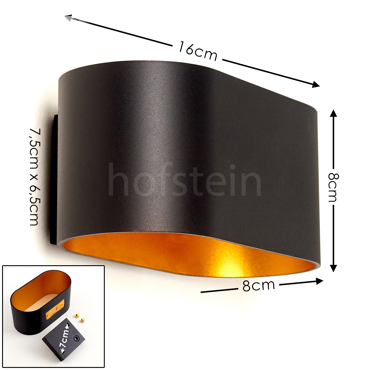 Eine schwarze Wandleuchte mit goldener Innenausstattung. Abmessungen: 16 cm, 8 cm, 7,5 cm x 6,5 cm und 8 cm. Zusätzliche Teile gezeigt.