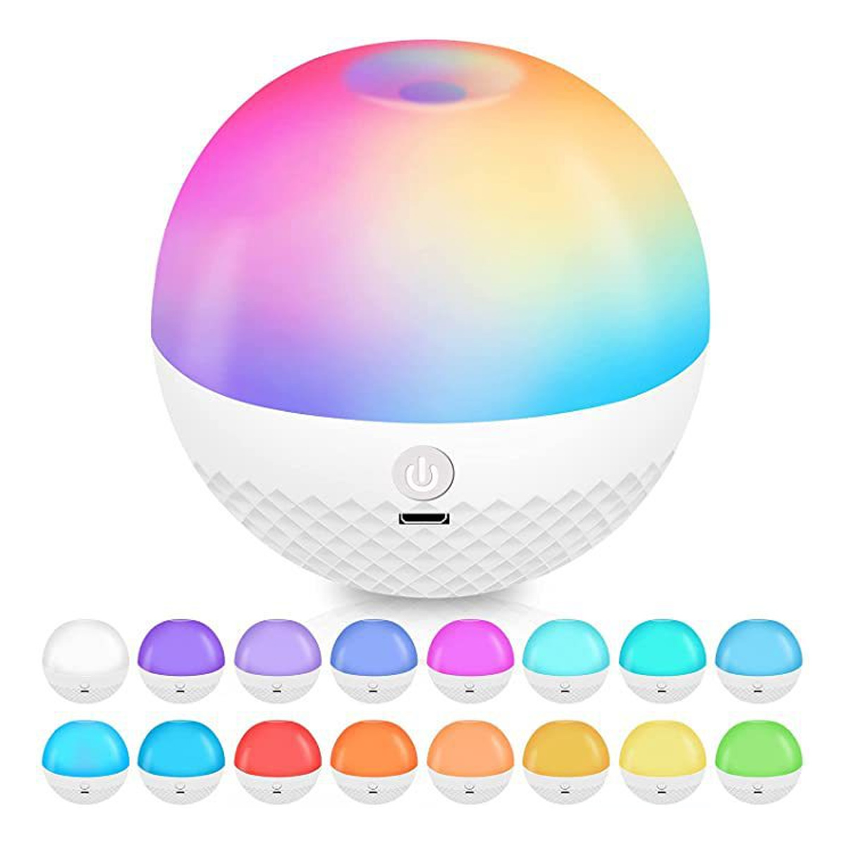 Eine weiße, kugelförmige Lampe mit regenbogenfarbiger Oberseite. Darunter wird ein Raster kleiner, farbiger Lampen angezeigt. Die Lampe hat einen Ein- / Ausschalter.