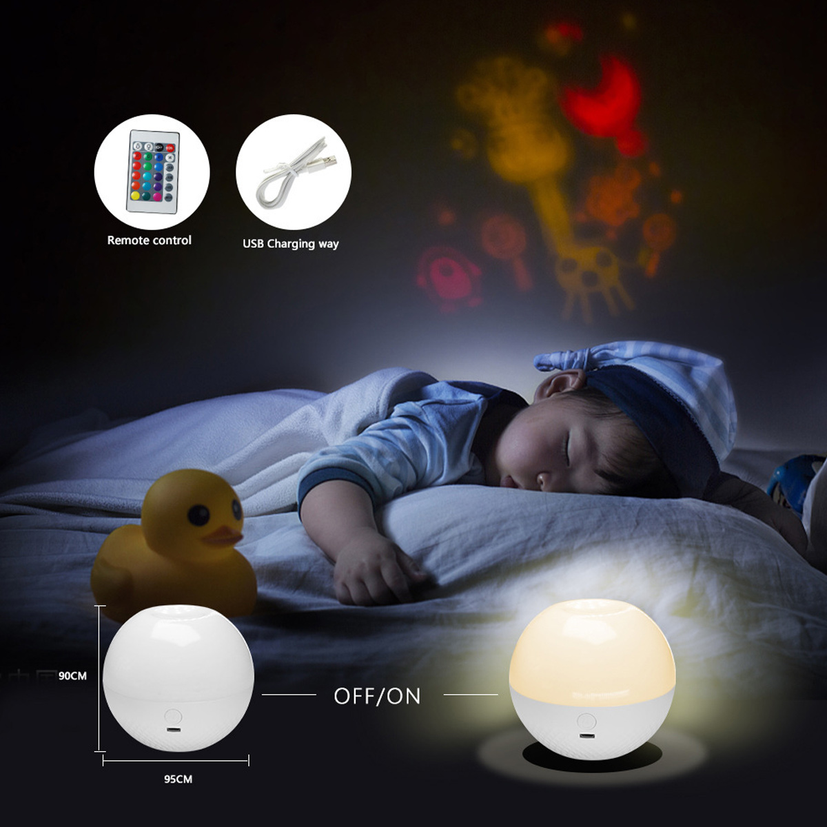 Ein schlafendes Kind mit einem Nachtlicht und einer Gummiente. Die Wand zeigt Tierformen. Fernbedienung und USB-Kabel sind ebenfalls vorhanden.