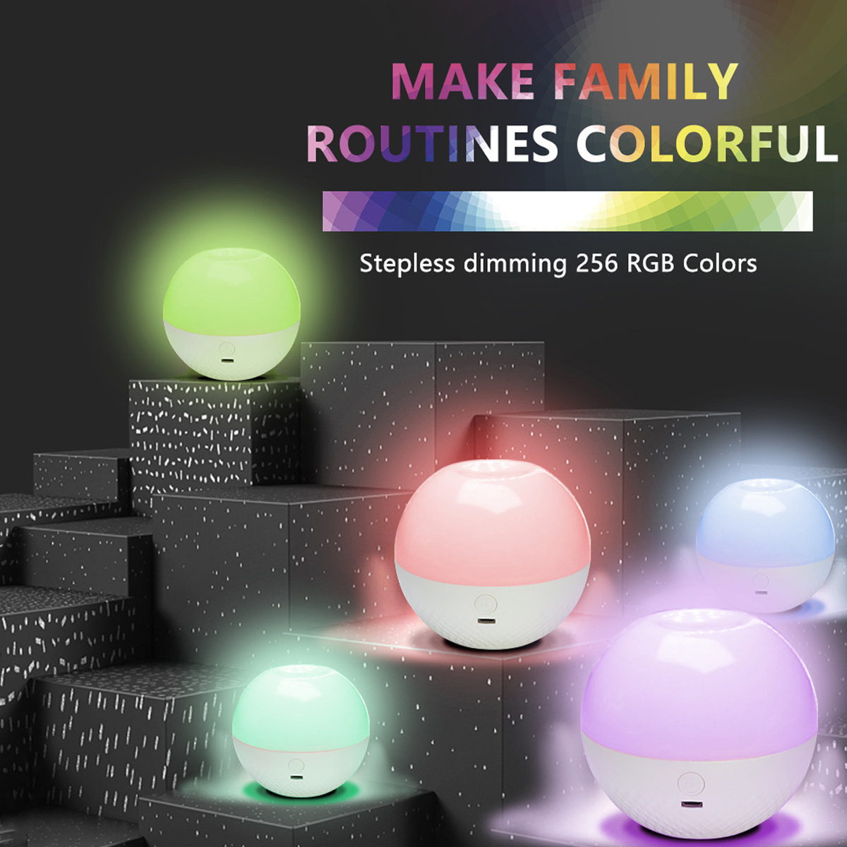 Das Bild zeigt bunte Lampen in verschiedenen Farben auf dunklem Hintergrund. Der Text lautet: Machen Sie Familienroutinen bunt, stufenloses Dimmen 256 RGB-Farben.