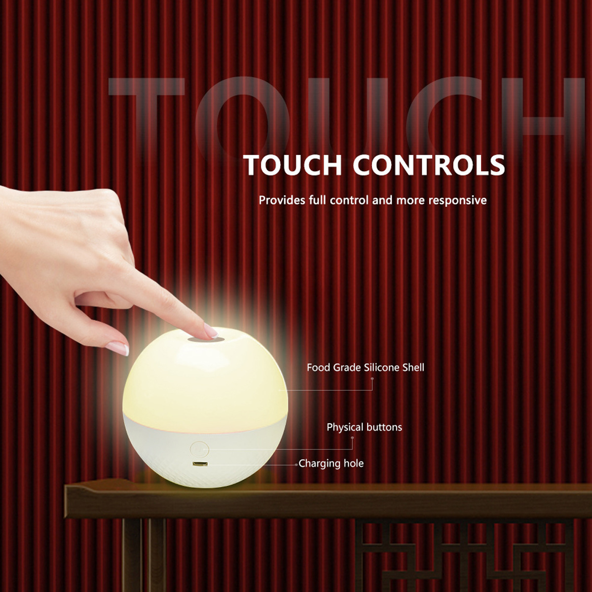 Eine Hand berührt eine leuchtende Lampe. Text sagt 'TOUCH CONTROLS'. Etiketten zeigen 'Food Grade Silicone Shell', 'Physical buttons' und 'Charging hole'.