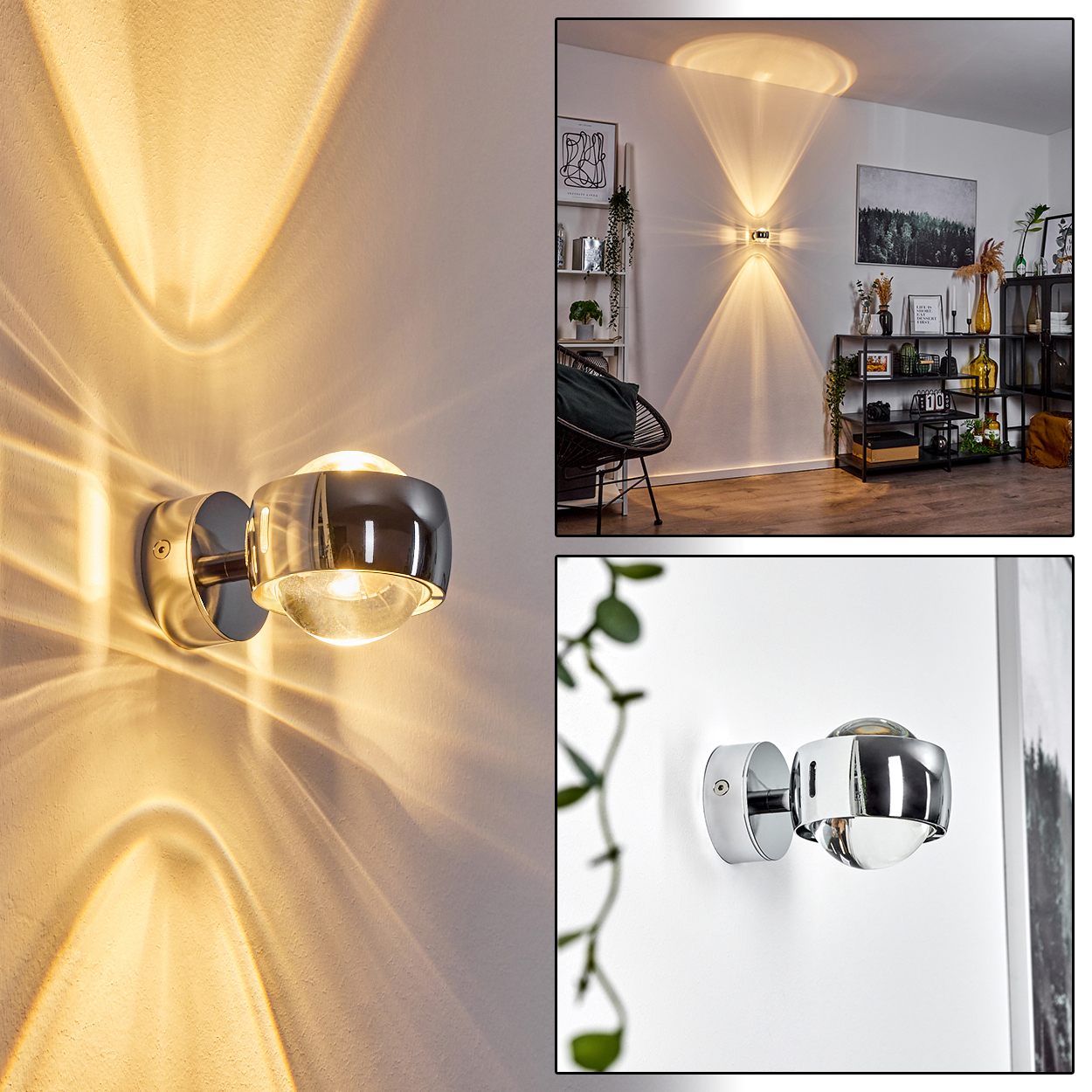 Eine moderne Wandleuchte mit klarem Glasschirm und Chromausführung. Das Licht wirft ein einzigartiges Muster an die Wand.