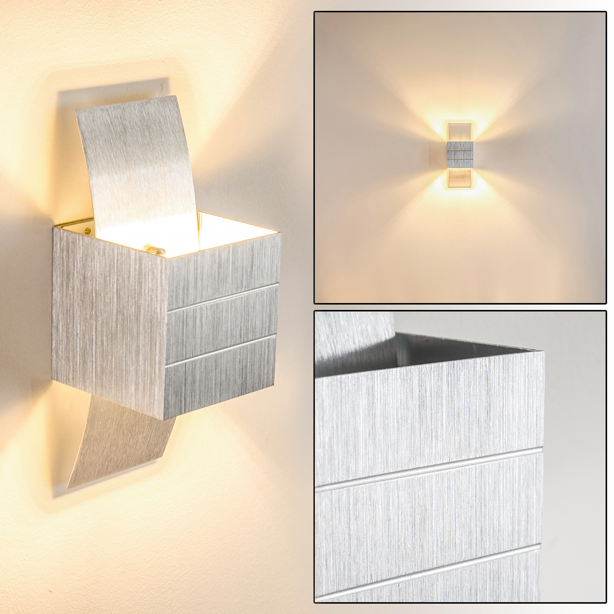 Eine moderne, silberfarbene Wandlampe wird in drei Ansichten gezeigt. Die Lampe hat ein kastenförmiges Design mit offener Oberseite und strahlt warmes Licht aus.