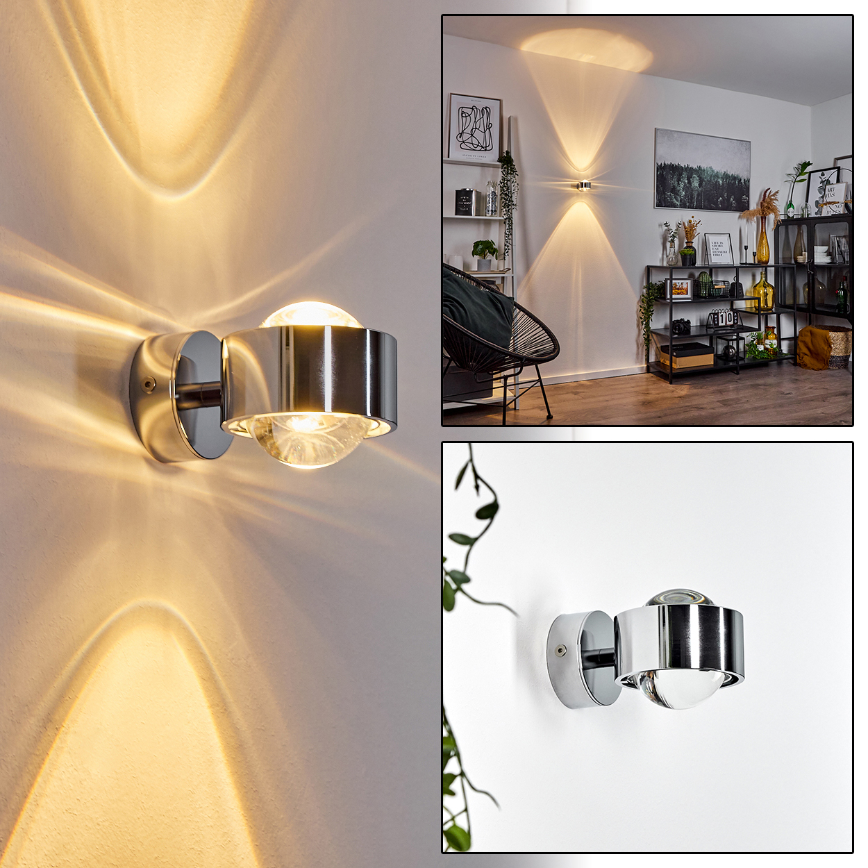 Eine moderne Wandlampe mit einer klaren Glühbirne, die in einer silbernen Metallfassung eingeschlossen ist. Licht wird auf die Wand projiziert. Wohnraum mit Dekorationen.
