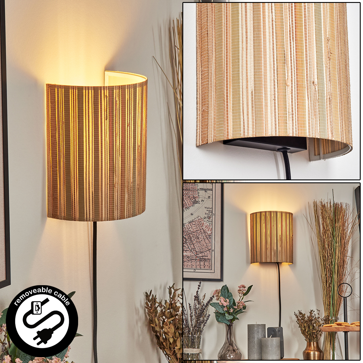 Eine Wandlampe mit zylindrischem Lampenschirm aus vertikalen Streifen. Die Lampe befindet sich an einer weißen Wand. Das Kabel ist abnehmbar.