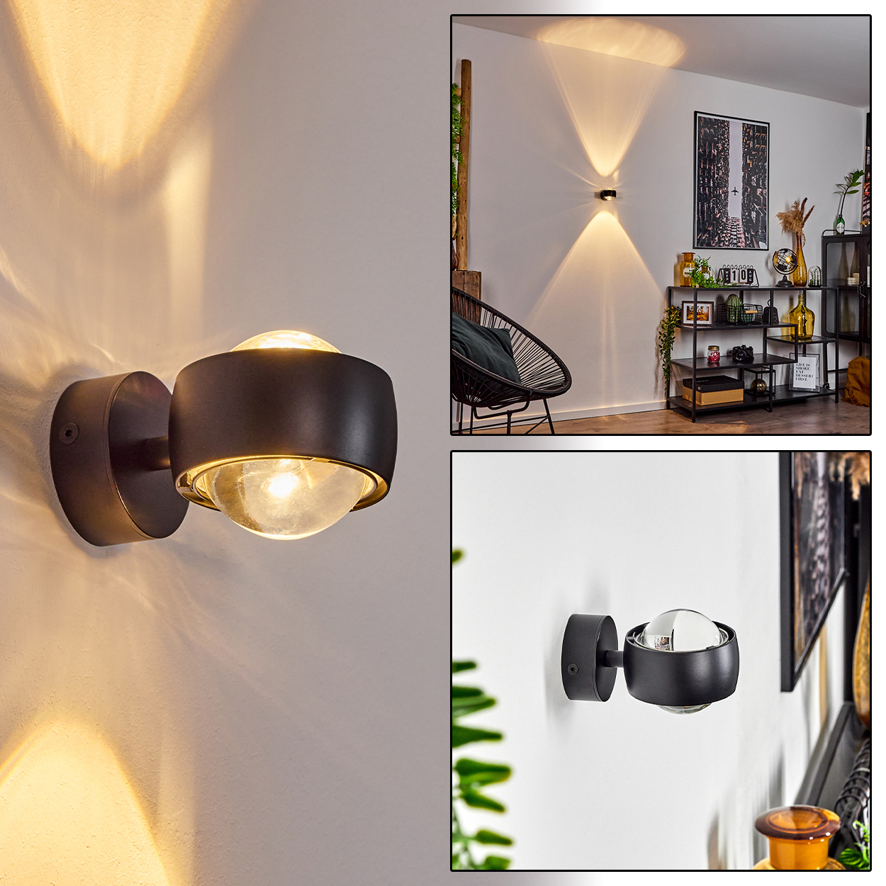 Schwarze Wandleuchte mit kugelförmigem Glasschirm, der ein warmes Licht wirft. Der Hintergrund zeigt ein modernes Interieur mit Dekoration.