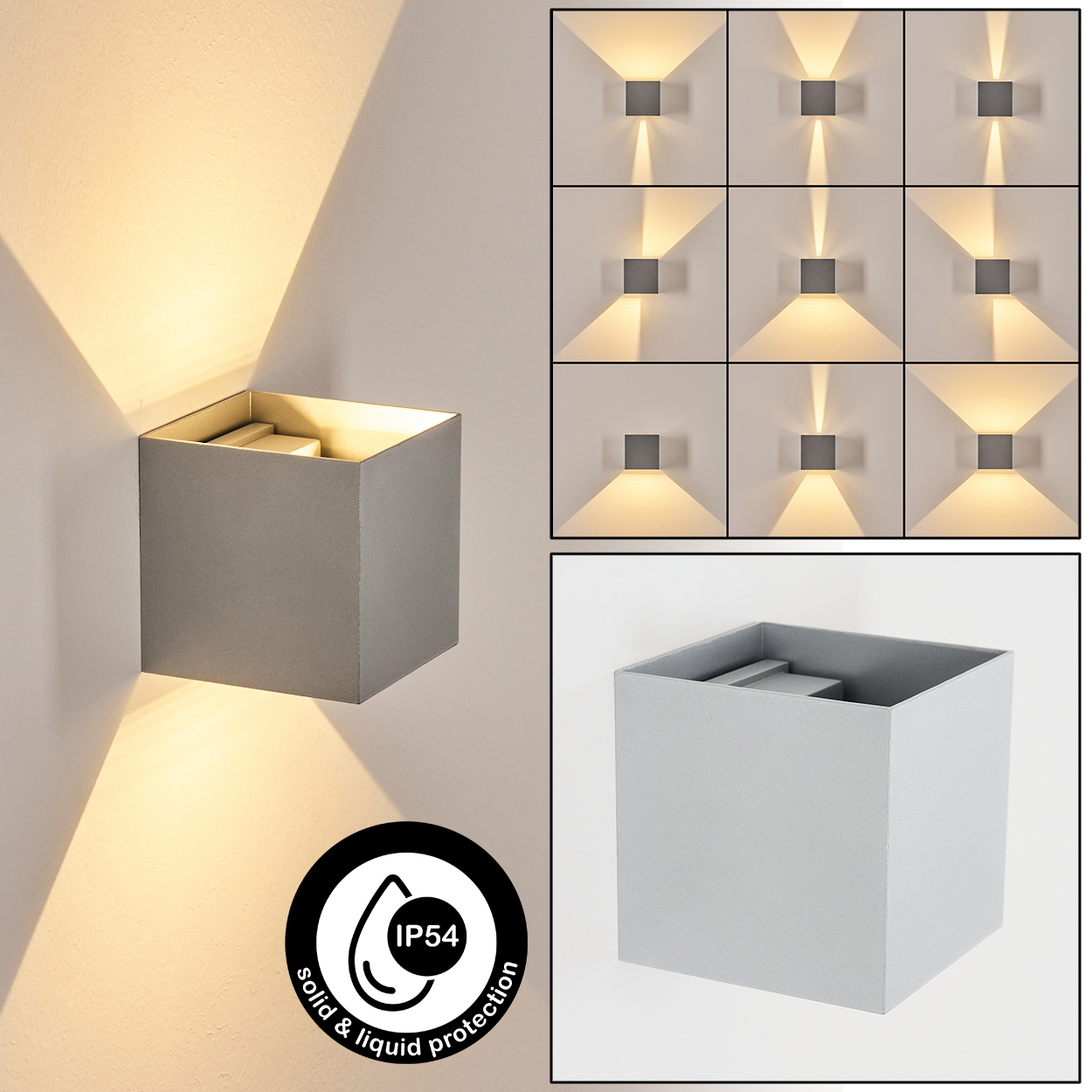 Eine graue, würfelförmige Wandleuchte ist an einer weißen Wand montiert. Die Lampe strahlt Licht nach oben und unten aus. Mehrere Lichtmuster werden gezeigt.
