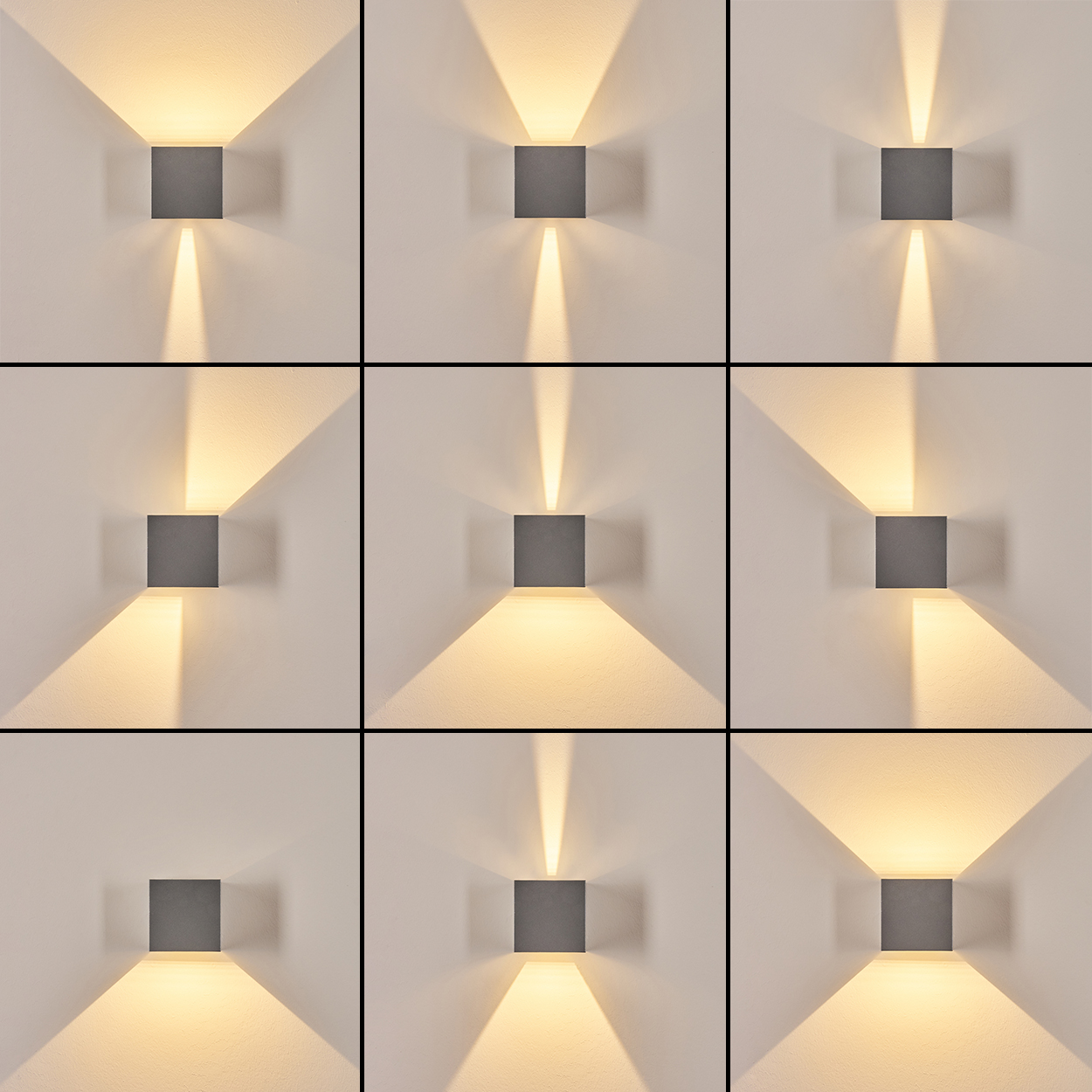 Neun quadratische, graue Wandleuchten. Jede gibt Licht in einem anderen Muster ab und erzeugt unterschiedliche Licht- und Schatteneffekte.