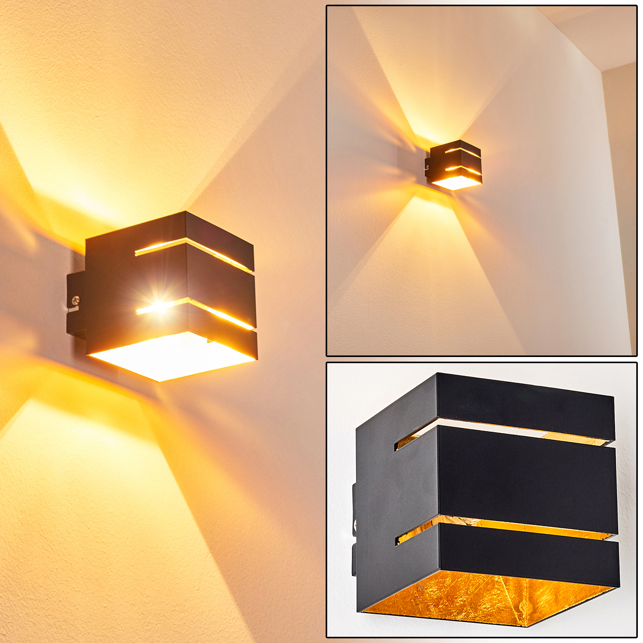 Eine moderne schwarze Wandlampe mit goldenem Innenraum. Die Lampe scheint Licht auf die weiße Wand. Drei verschiedene Aufnahmen.