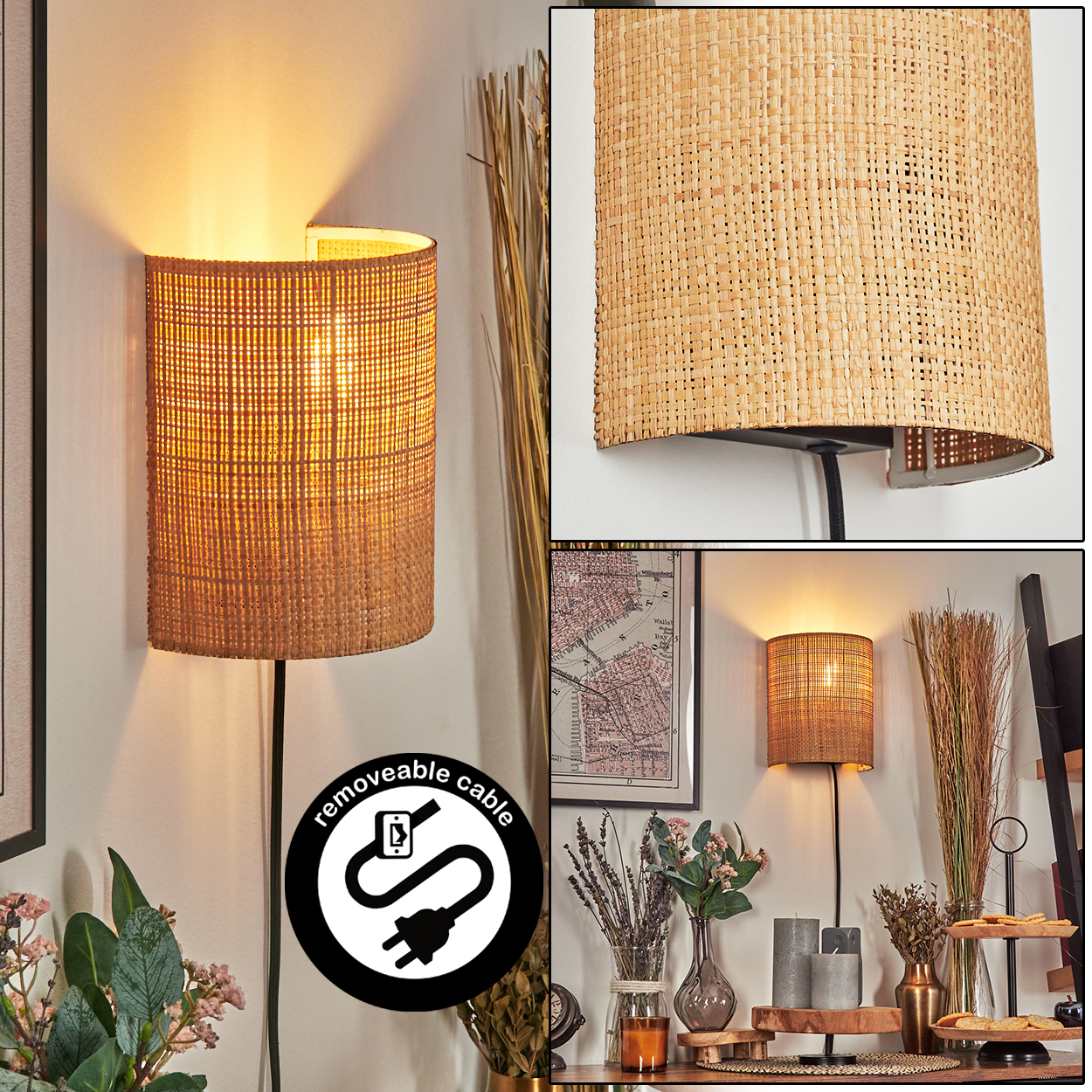 Eine gewebte Lampe ist an einer weißen Wand montiert. Darunter zeigt ein Tisch Dekorationen wie eine Karte, Blumen und Kerzen. Ein abnehmbares Kabel ist abgebildet.