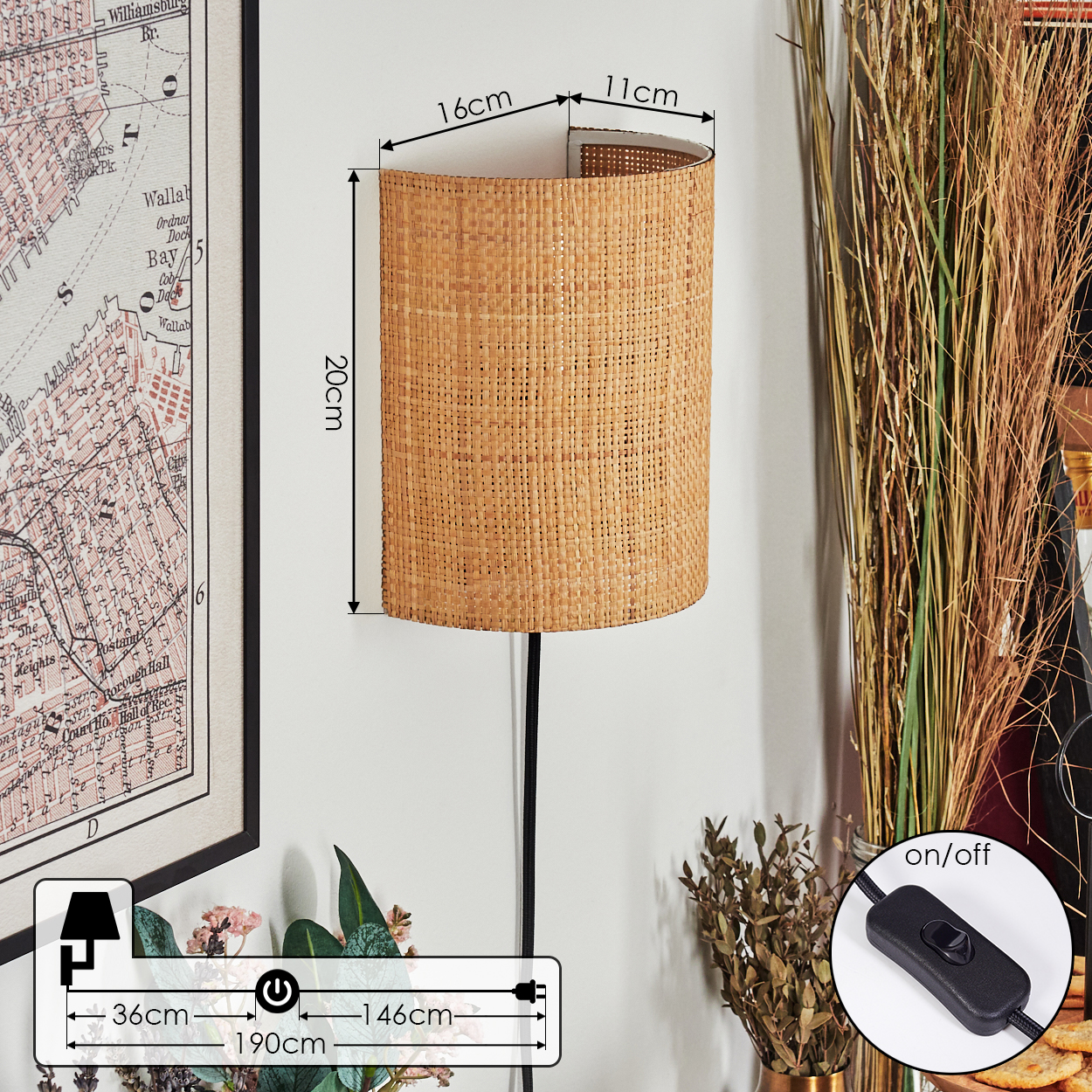 Gewebte Wandlampe mit Maßen. Neben einer Karte, Pflanzen und einem Ein-/Ausschalter.