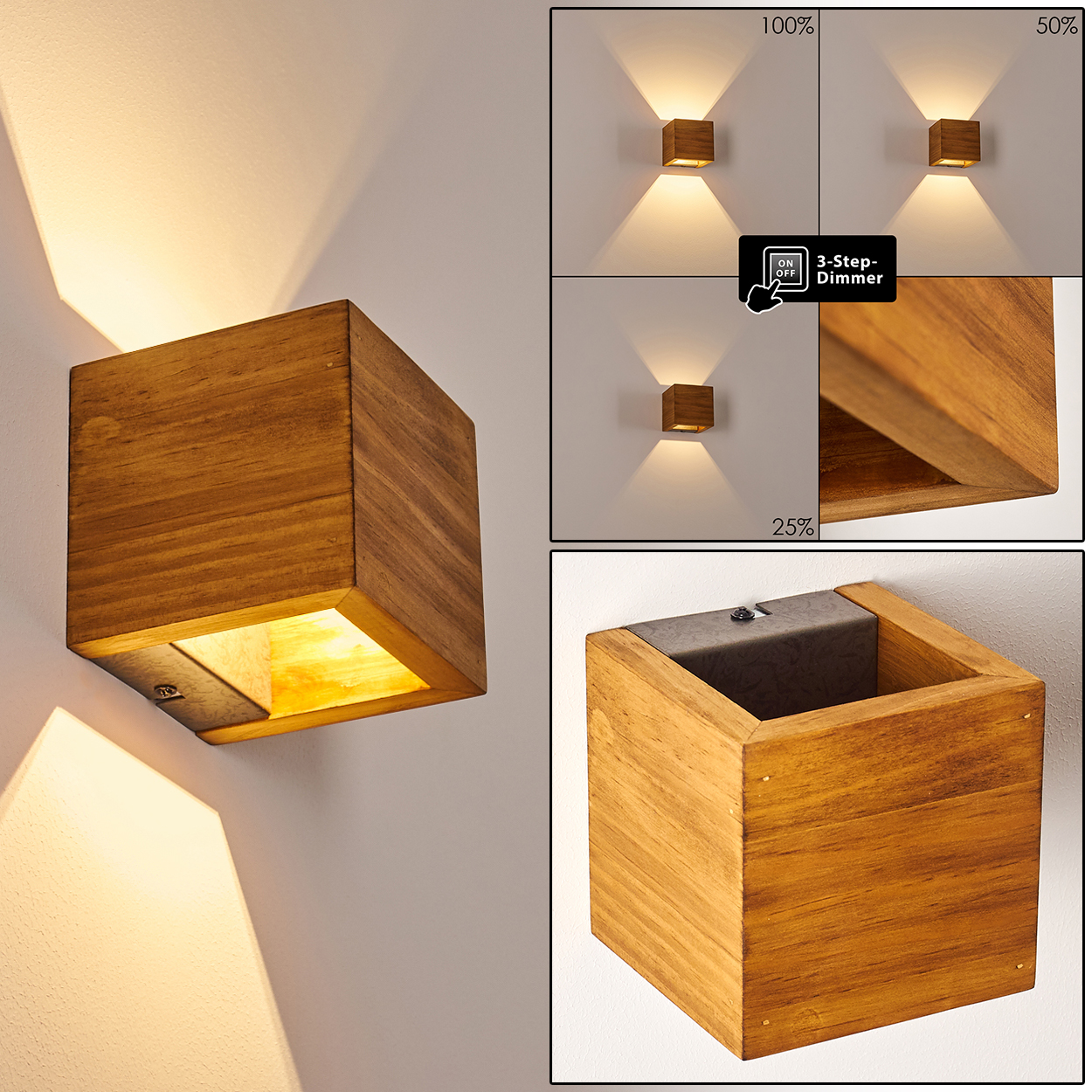 Würfelförmige Wandlampe aus Holz. Zeigt verschiedene Dimmstufen: 100 %, 50 % und 25 %. Nahaufnahme der Holzmaserung.