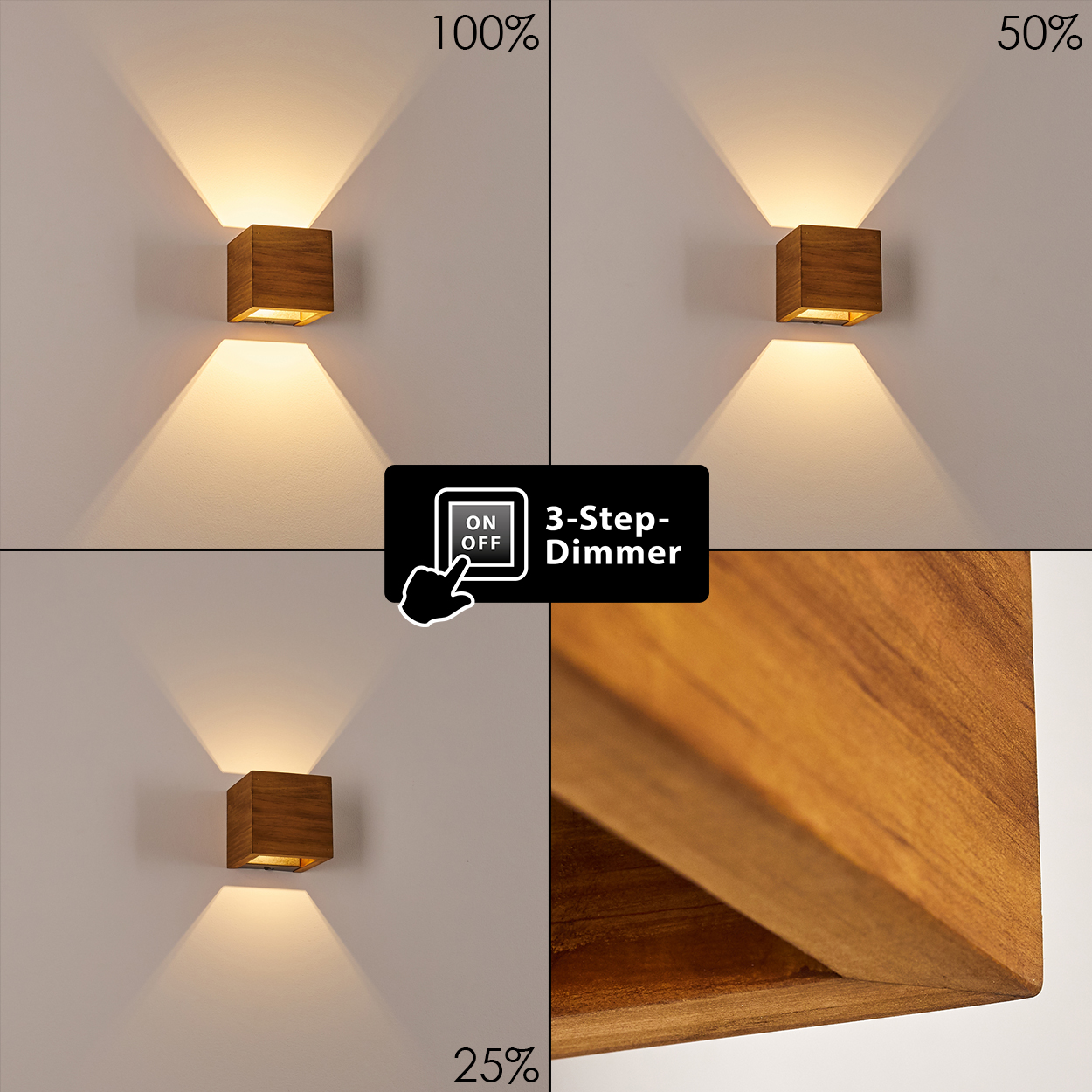Das Bild zeigt eine hölzerne Wandleuchte mit unterschiedlichen Lichtintensitäten: 100 %, 50 % und 25 %. Eine Dimmsteuerung ist ebenfalls sichtbar.