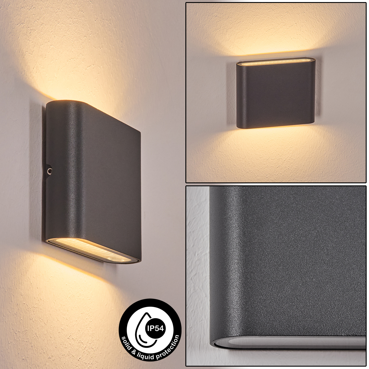 Drei Bilder zeigen eine dunkelgraue Wandleuchte mit warmem Licht. Eines zeigt die Leuchte mit einem IP54-Logo an der Wand.