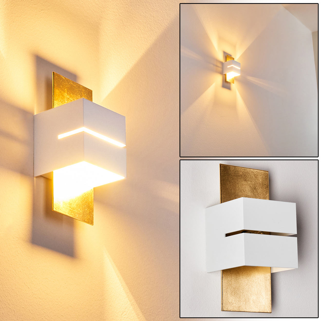 Eine moderne weiße Wandleuchte mit goldenen Akzenten ist an einer beigen Wand montiert. Die Lampe strahlt Licht nach oben und unten.