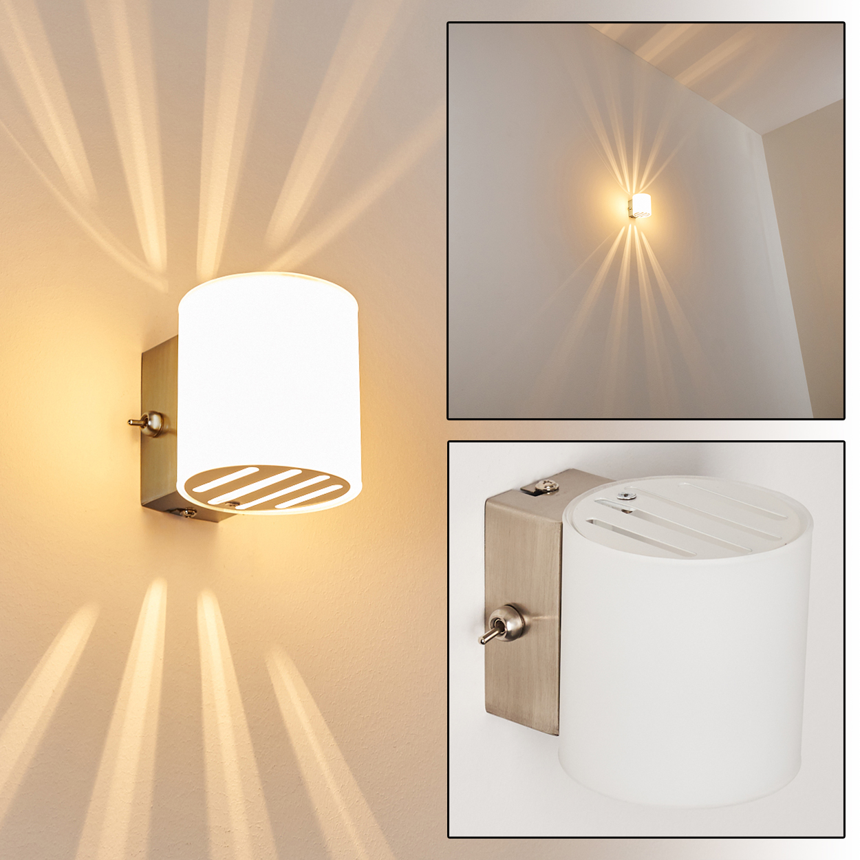 Eine moderne Wandleuchte mit zylindrischem, weißem Schirm. Die Lampe wirft Lichtmuster an die Wand. Eine Seitenansicht zeigt den Schalter.