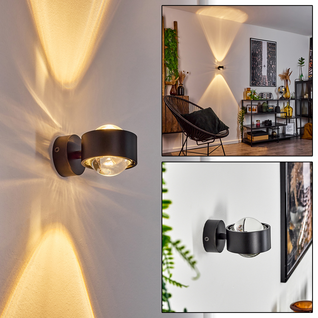 Eine moderne schwarze Wandleuchte mit Glühbirne an weißer Wand. Das Licht erzeugt ein Muster. Im Hintergrund ein Raum.