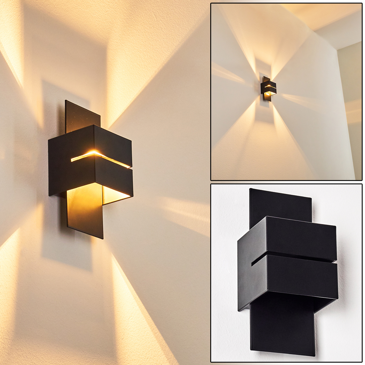 Moderne schwarze Wandleuchte mit warmem Licht. Quadratisches Design mit Ausschnitt. An weißer Wand montiert. Mehrere Ansichten.