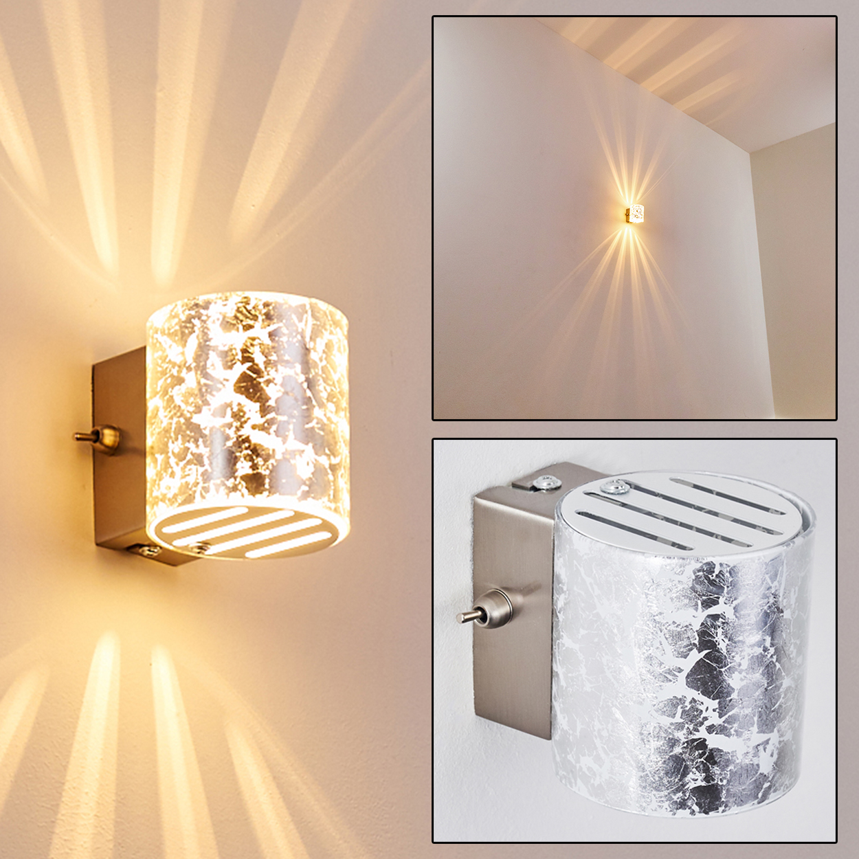 Eine moderne Wandleuchte mit zylindrischem Schirm aus Milchglas, das Licht reflektiert. Die Leuchte hat einen Metallsockel, der die Wand beleuchtet.