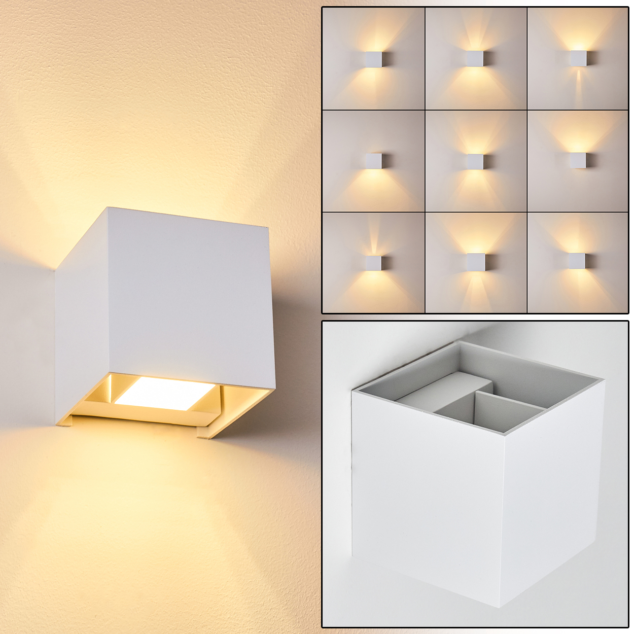 Eine weiße, quadratische Wandleuchte mit nach unten gerichtetem Licht. Das Bild enthält verschiedene Lichtmuster und eine Nahaufnahme.