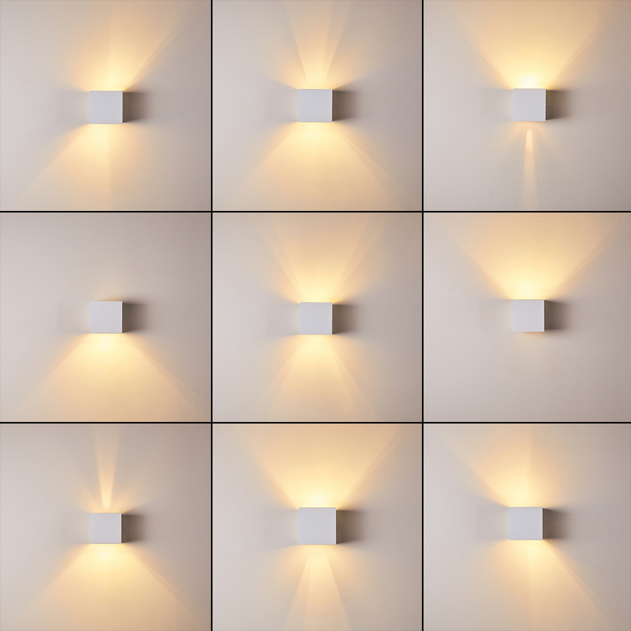 Neun quadratische, weiße Wandleuchten strahlen verschiedene Muster warmen Lichts auf eine strukturierte, beige Wand aus, angeordnet in einem 3x3-Raster.