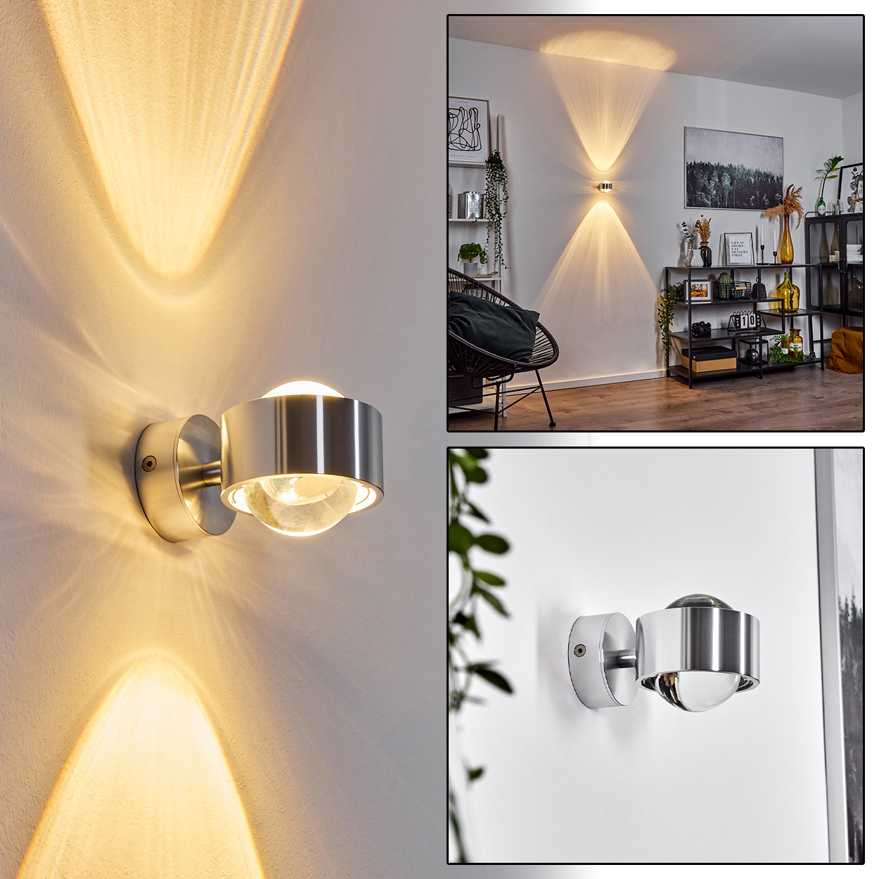 Eine moderne Wandleuchte mit Metallic-Finish ist an einer weißen Wand montiert. Die Lampe wirft einen Lichtkegel und beleuchtet den Bereich.