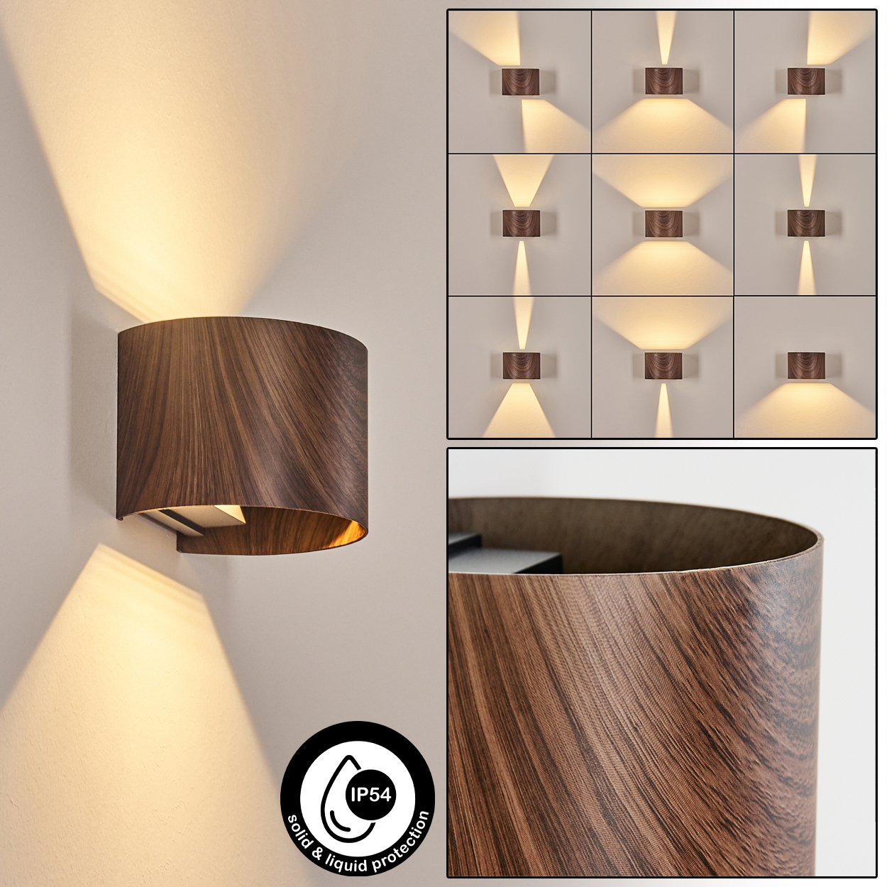 Eine Wandlampe mit Holzoptik. Sie hat eine gebogene Form und strahlt Licht nach oben und unten aus. Mehrere Beleuchtungsoptionen werden gezeigt.