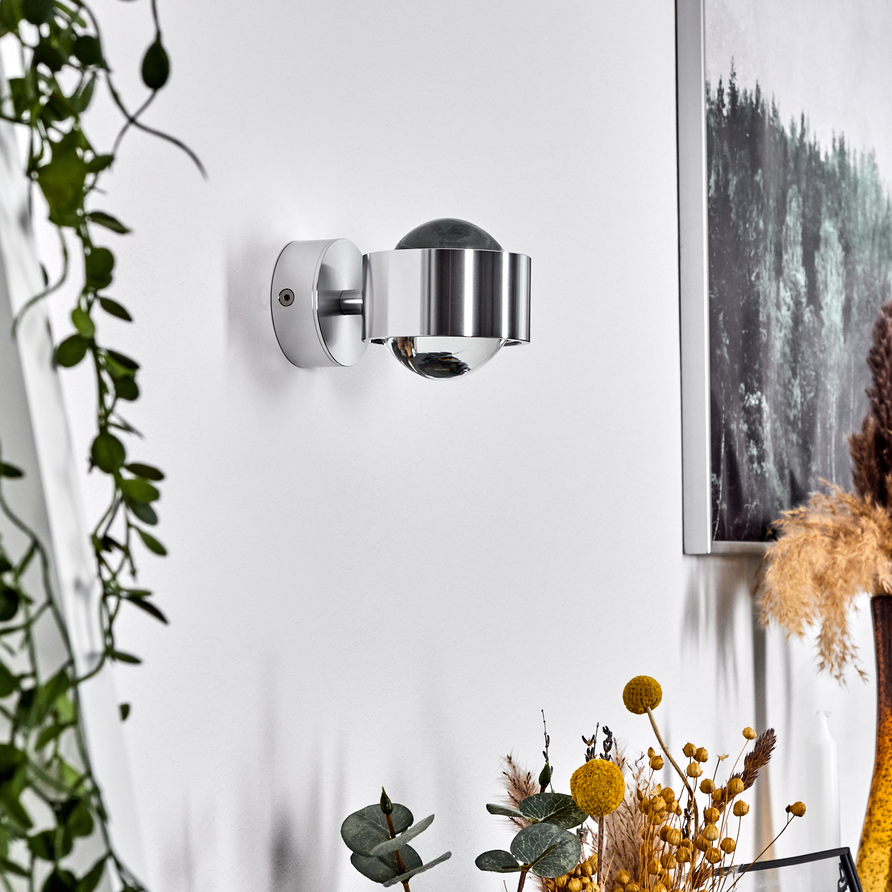 Eine moderne silberne Wandlampe mit klarem Glaskugel ist an einer weißen Wand montiert. Grüne Pflanzen und Trockenblumen sind im Vordergrund.