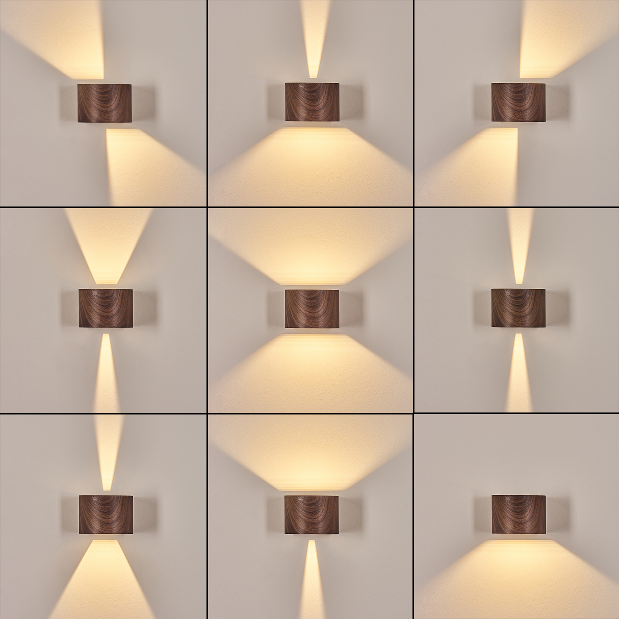 Neun identische Wandleuchten mit Holzoberfläche, die jeweils unterschiedliche Lichtmuster auf einem hellen Hintergrund erzeugen. Die Beleuchtung variiert.