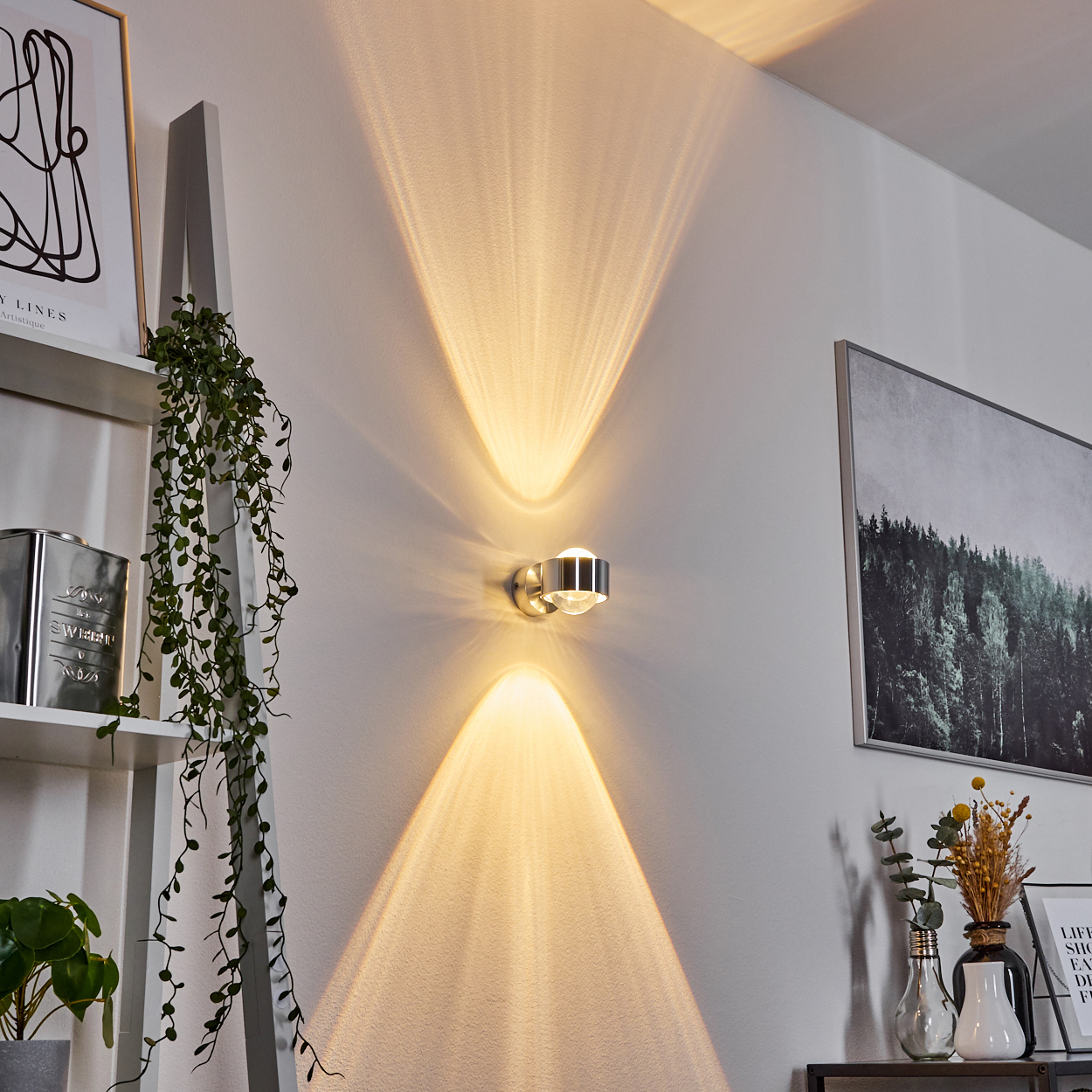 Eine Wandlampe strahlt Licht in zwei Richtungen aus. Ein Gemälde und ein Regal mit Pflanzen befinden sich links. Rechts sind weitere Dekorationen.
