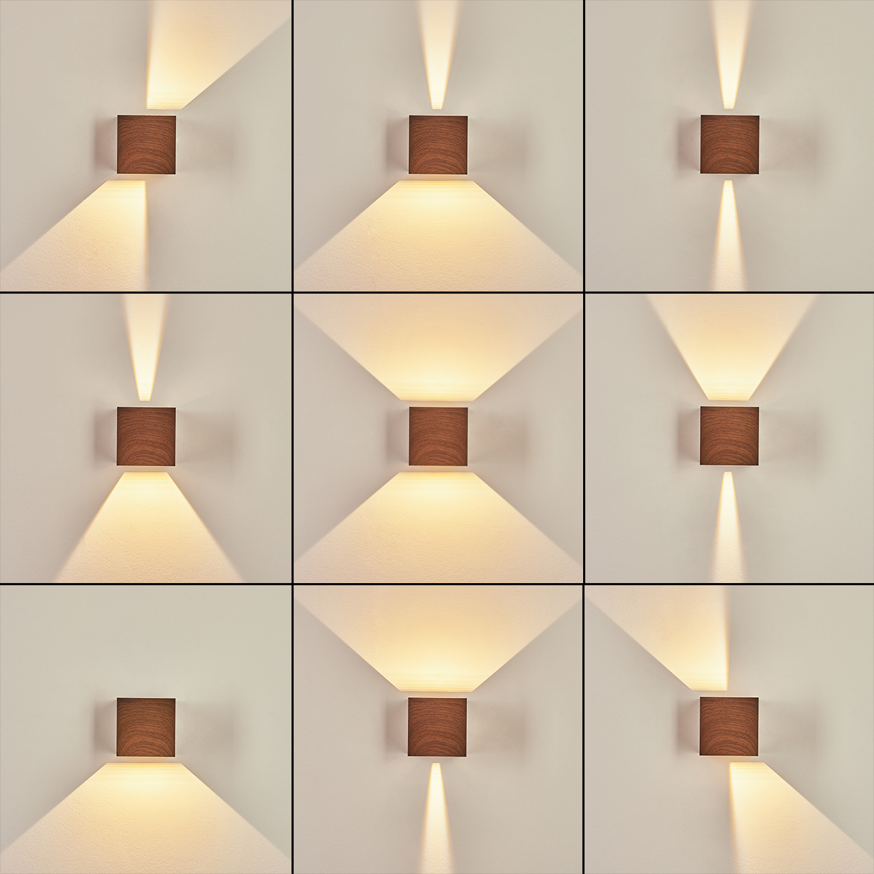 Neun quadratische Wandlampen aus Holz mit unterschiedlichen Lichtmustern an einer weißen Wand. Jede Lampe ist quadratisch.