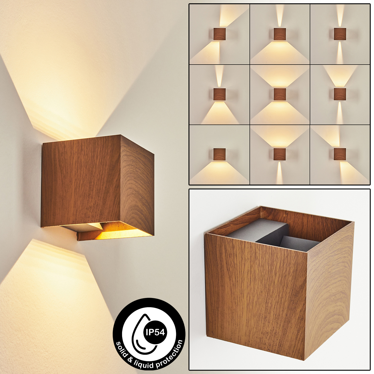 Wandlampe aus Holzwürfeln, die Licht nach oben und unten aussendet. Mehrere Varianten in einem Raster und ein wasserdichtes IP54-Symbol.