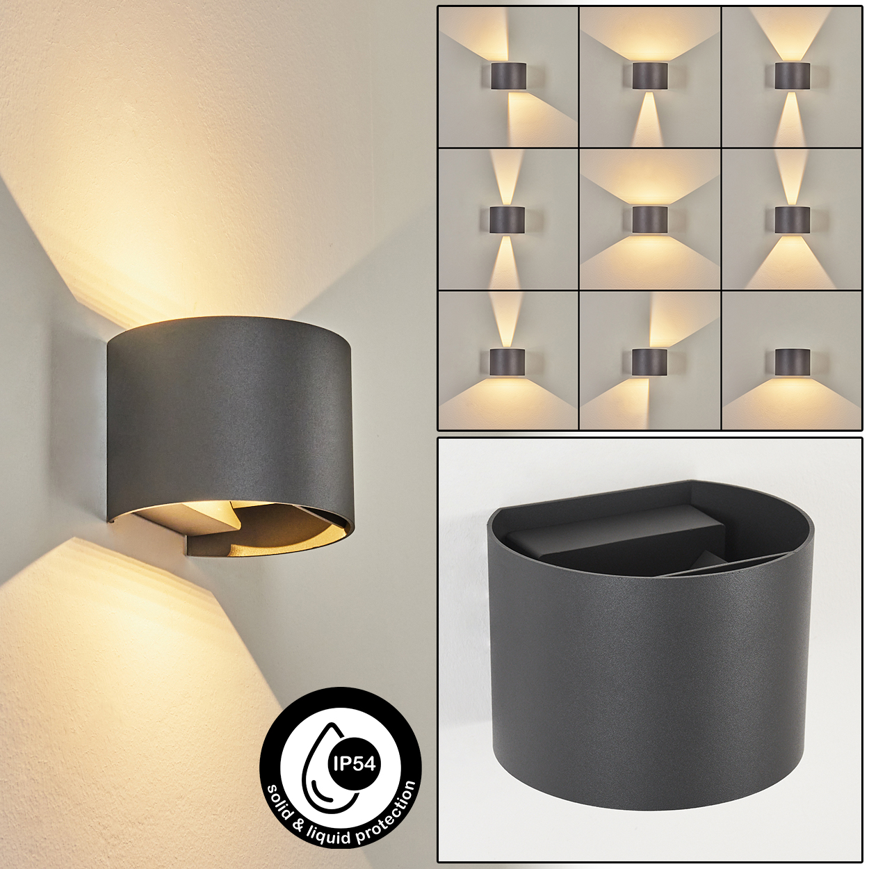 Eine dunkelgraue Wandleuchte ist an einer hellen Wand montiert. Mehrere andere Lampen zeigen verschiedene Beleuchtungsmuster. Ein IP54-Logo ist sichtbar.