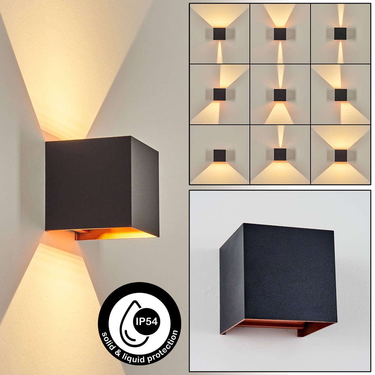 Eine schwarze, würfelförmige Wandlampe mit warmem Licht. Zusätzliche Bilder zeigen Lichtmuster und ein IP54-Schutzsymbol.