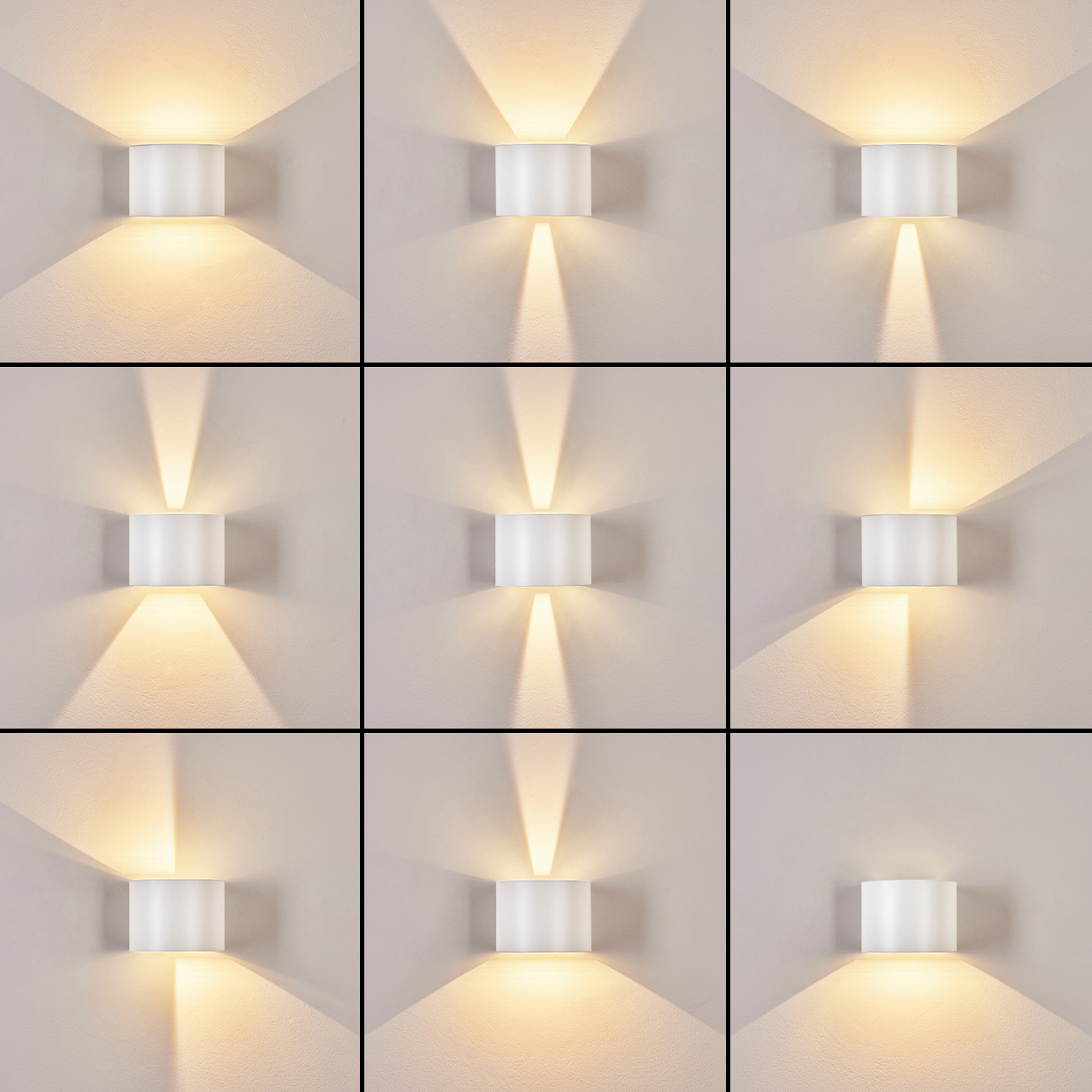 Neun weiße Wandlampen mit warmem Licht, das nach oben und unten scheint, angeordnet in einem 3x3-Raster an einer hellen Wand.