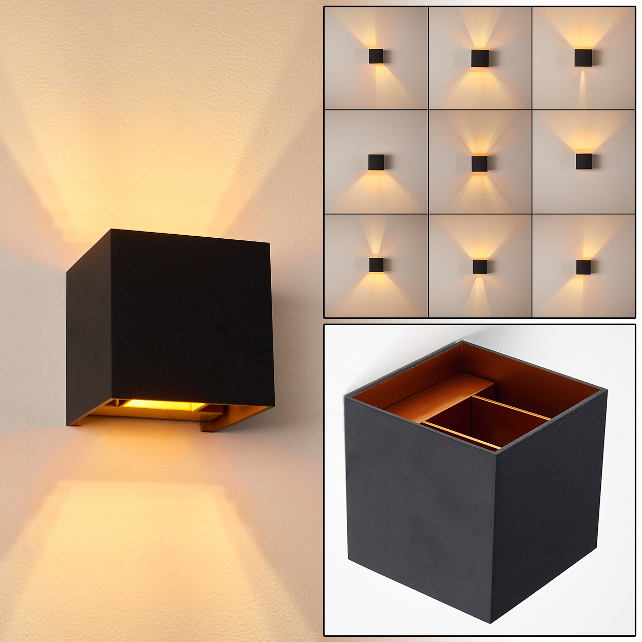 Schwarze Würfel-Wandleuchte mit goldenem Innenraum, die warmes Licht abstrahlt. Zusätzliche Bilder zeigen verschiedene Lichtmuster.