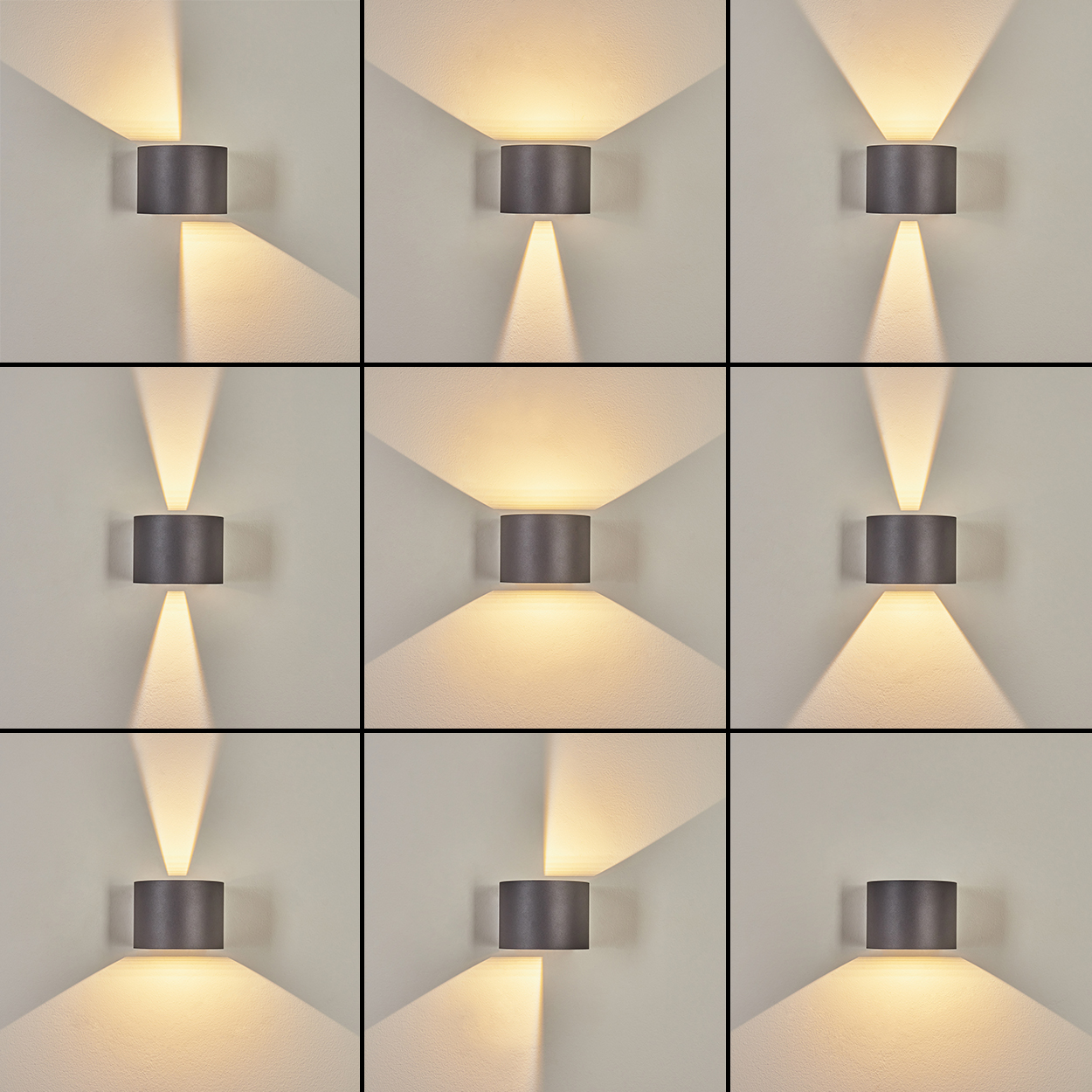 Neun graue, zylindrische Wandleuchten strahlen Licht in verschiedene Richtungen an einer weißen Wand aus. Die Lampen zeigen verschiedene Lichtmuster.
