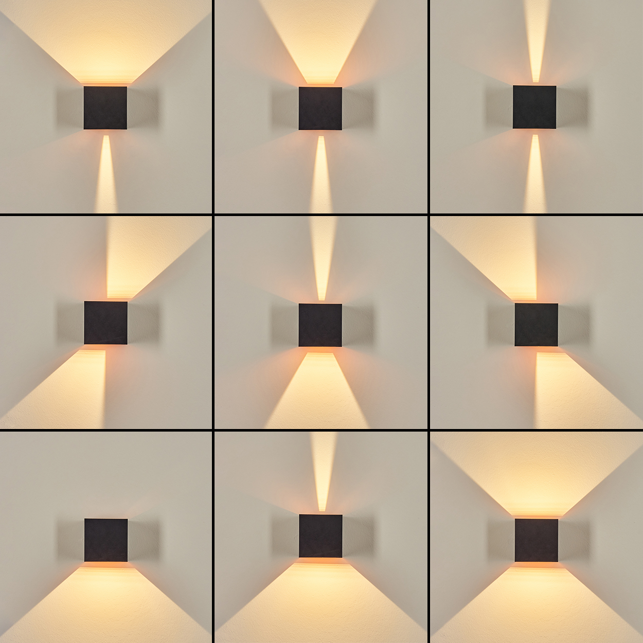 Neun quadratische, schwarze Wandleuchten, die jeweils Licht in unterschiedlichen Mustern an einer weißen Wand ausstrahlen. Das Licht ist warm.