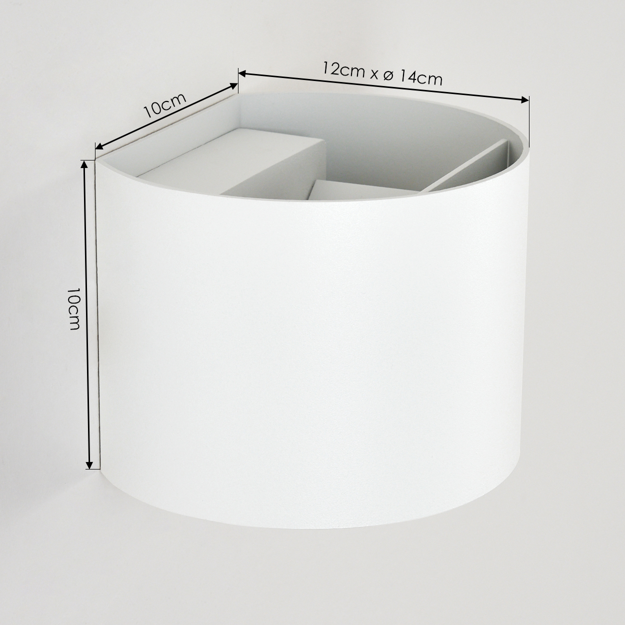 Ein weißes, halbkreisförmiges, an der Wand befestigtes Regal. Die Abmessungen sind beschriftet: 10 cm Höhe, 10 cm Tiefe und 12 cm x ø 14 cm für die Oberseite.