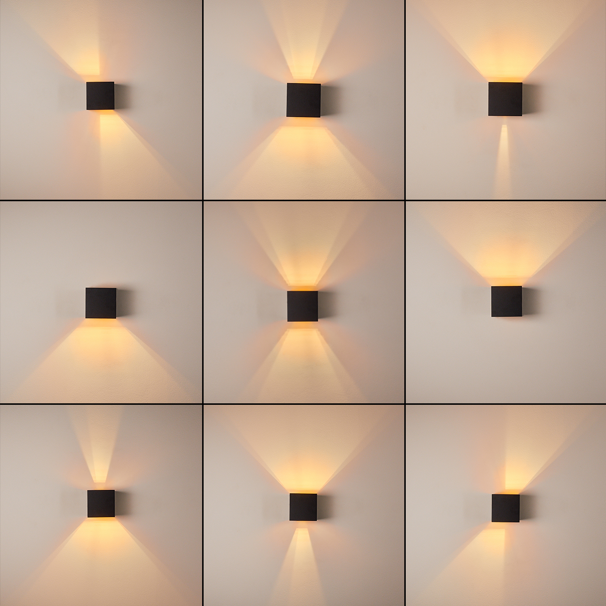 Neun quadratische, schwarze Wandleuchten, die warmes Licht ausstrahlen. Die Leuchten sind an einer neutralen Wand montiert.