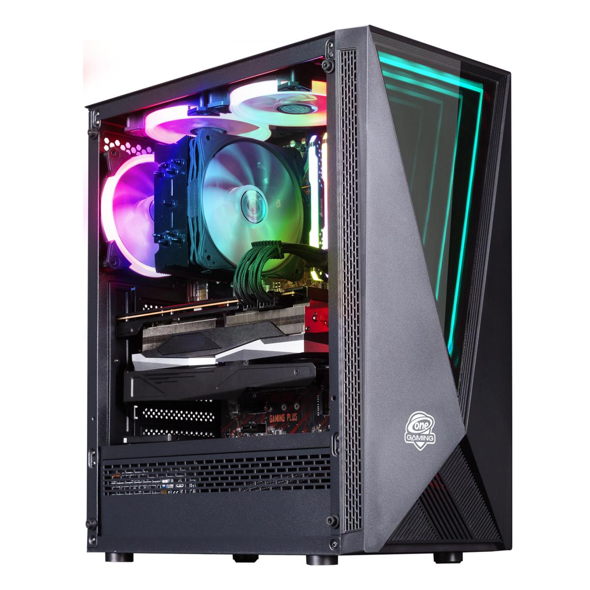 Ein Computergehäuse ist geöffnet und zeigt interne Komponenten. Lüfter mit bunten Lichtern sind sichtbar, zusammen mit einer Grafikkarte und anderer Hardware.