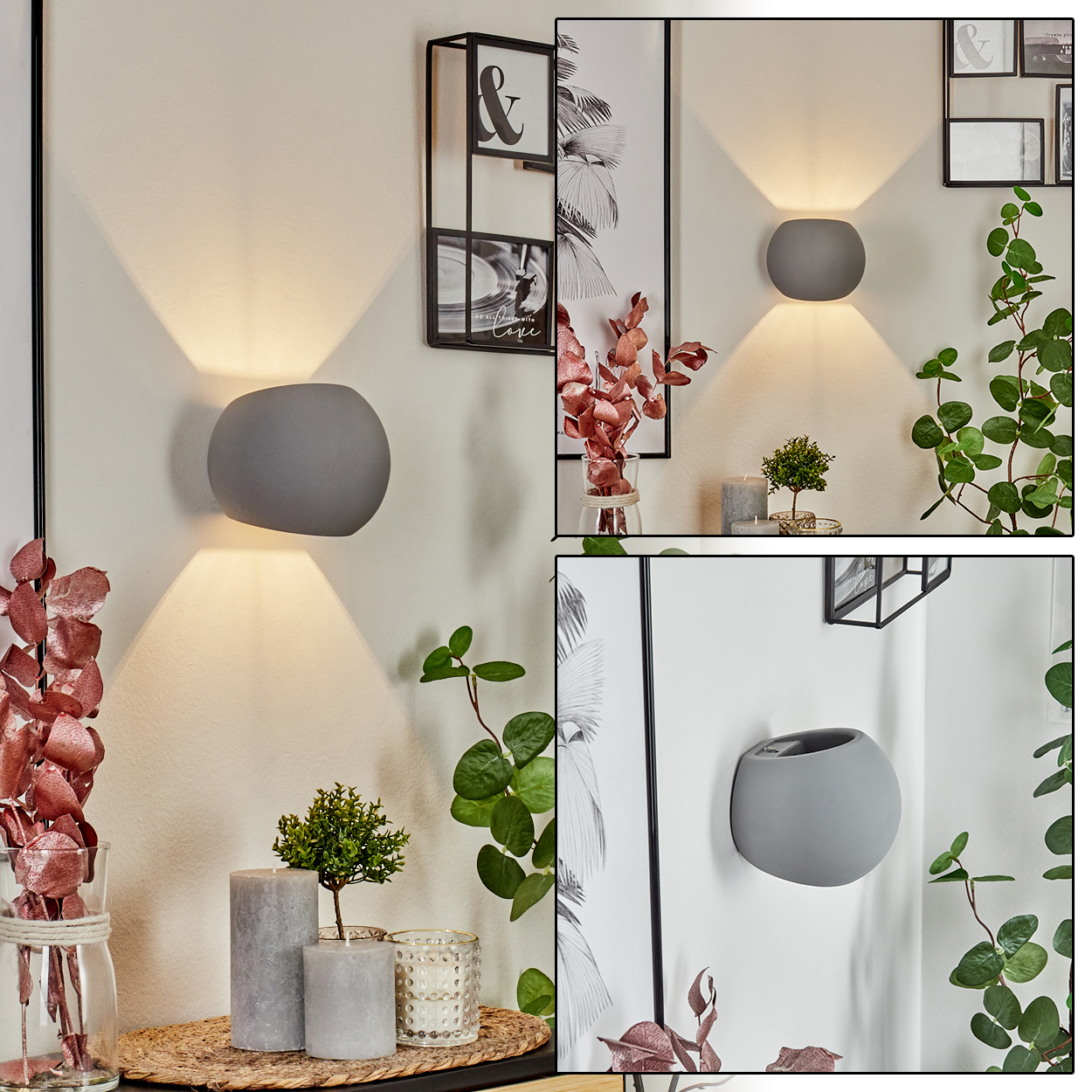 Graue Wandlampe. Dekorative Elemente sind Pflanzen, Kerzen und Bilderrahmen. Die Szene ist mit warmem Licht beleuchtet.
